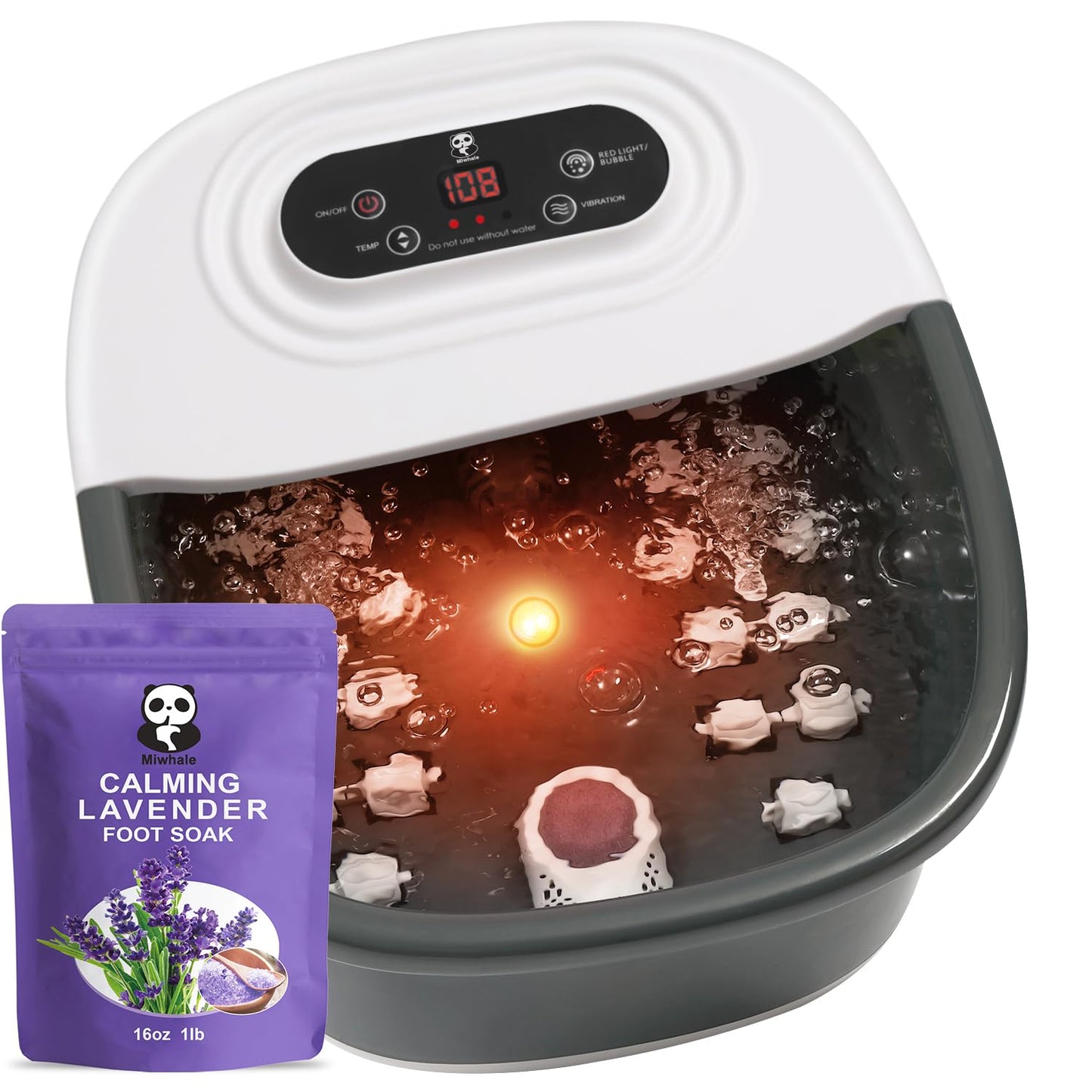 Foot Spa Bath Massager with Heat Bubbles and Vibration Massage and Jets, 16 OZ Calming Lavender Foot Soak Epsom Salt, Foot Soaker with Red Light, 22 Massage Rollers, Adjustable Temp - Black