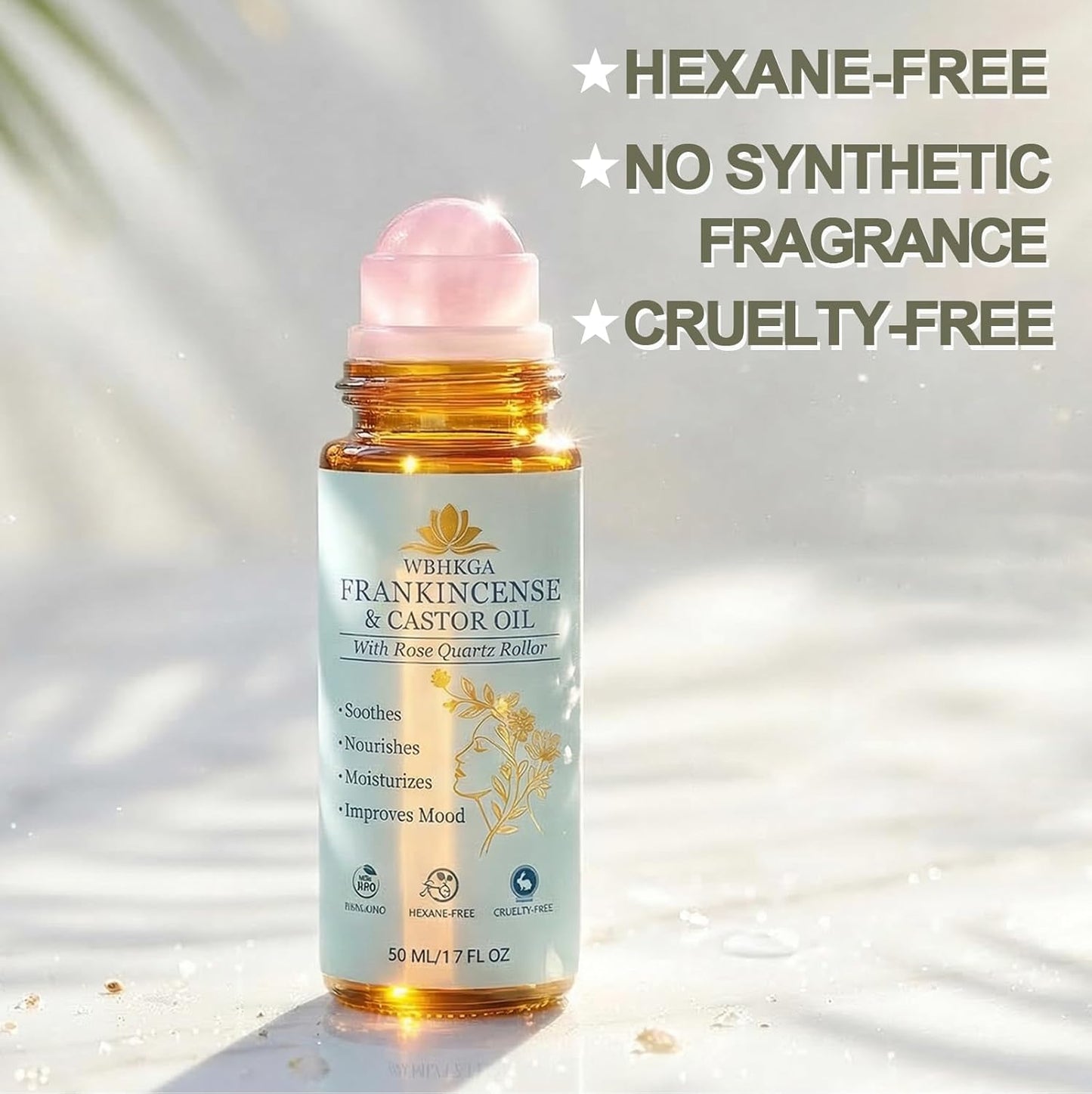 Castor Oil & Frankincense Roll On - Real Red Rose Quartz Eye Roller (Not Plastic) - Pure Cold Pressed Face Serum for Dark Circles, Fine Lines, Wrinkles & Puffiness (50ml / 1.7 fl.oz (1 Pack))