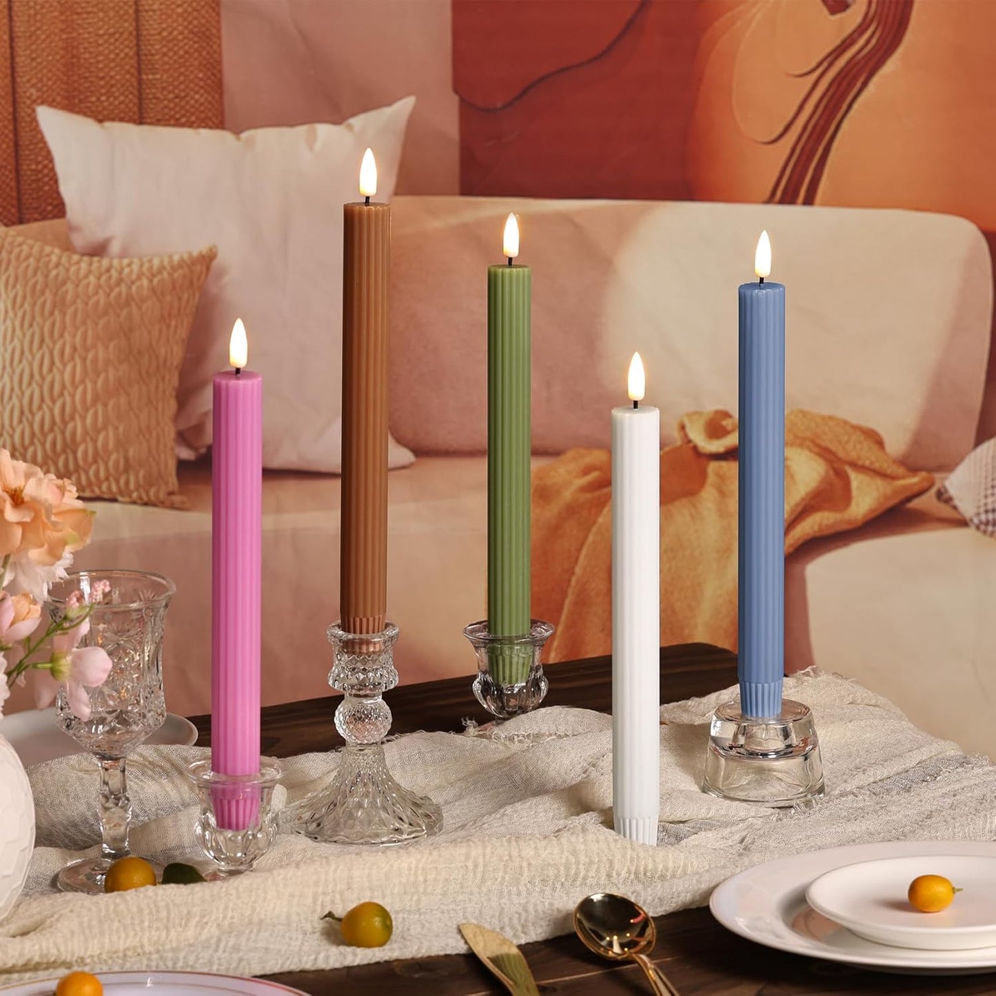 Dusty Blue Ribbed Fluted Flameless Taper Candles with Remote, Flickering Battery LED Wax Candlesticks Wedding Home Decor Set of 4