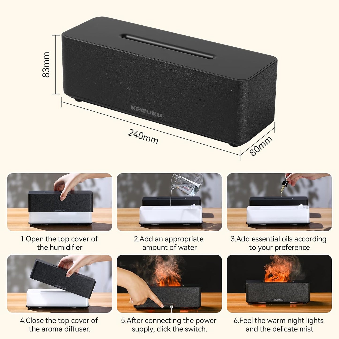 Essential Oil Diffuser and Humidifier with Flickering Flame Light, 10oz,Ultrasonic, Quiet, Auto Shut Off for Bedroom, Office, Yoga