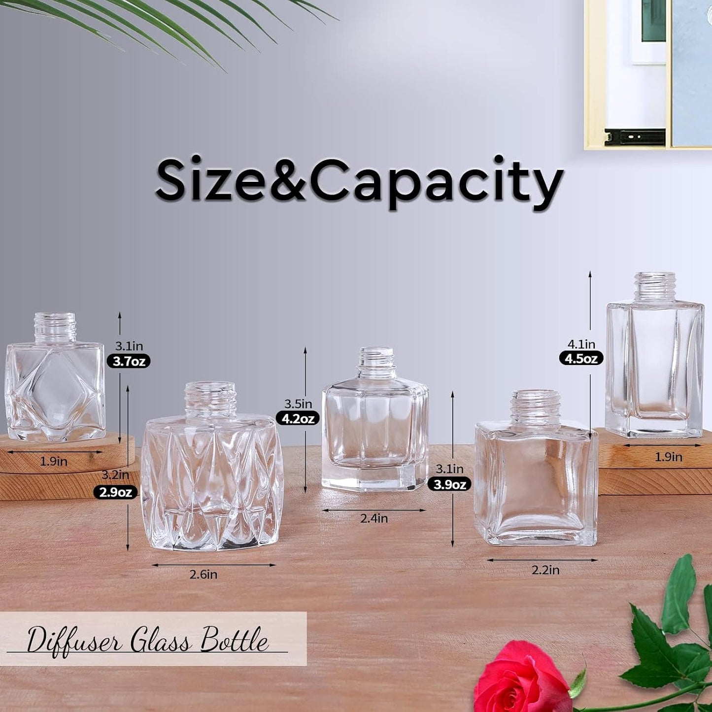 Diffuser Glass Bottles Set of 5 DIY Empty Clear Glass Fragrance Bottle with Gold Caps Reeds Sticks Vase Decorative Diffusers for Home Office Desk Decoration Wedding Replacement Girl Women