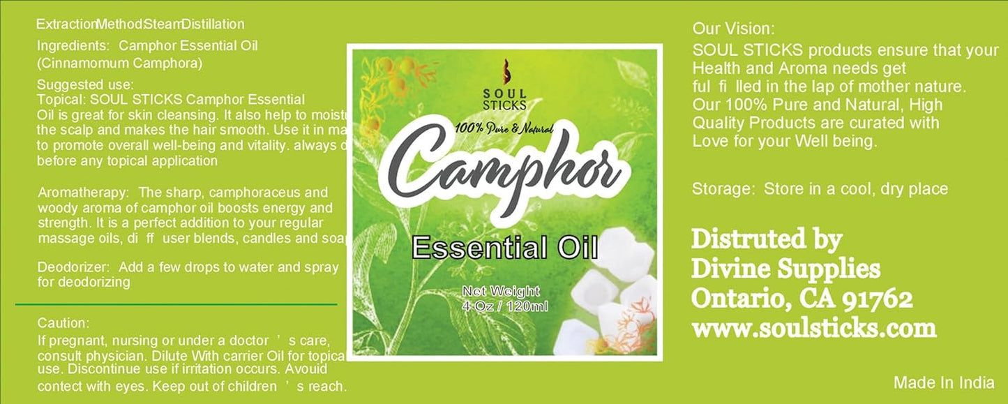 SOUL STICKS Natural Camphor Essential Oil 4 Fl Oz (120ml) 100% Natural Camphor Oil with Glass Dropper for Aromatherapy, Puja, Massage, Skin Care