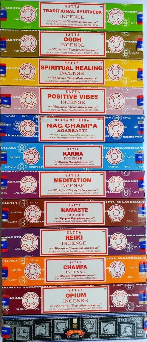 Satya Incense Set x 15gram Includes: Nag, Super Hit, Oodh, Positive Vibes, Namaste, Champa, Opium, Reiki, Spiritual Healing, Karma, Traditional Ayurveda and Meditation, Wood, Multi, 12 Packs