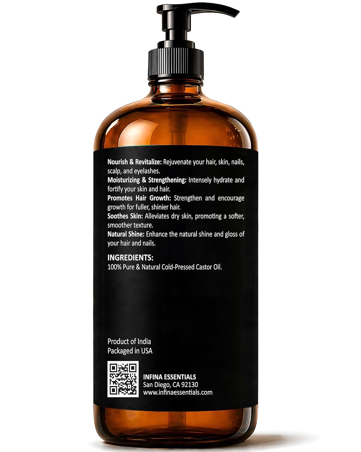 INFINA ESSENTIALS Pure Cold Pressed Castor Oil - Hexane Free, Glass Bottle for Hair Growth, Face, Scalp, Skin & Eyelashes - Nourishing and Moisturizing - 16 fl oz