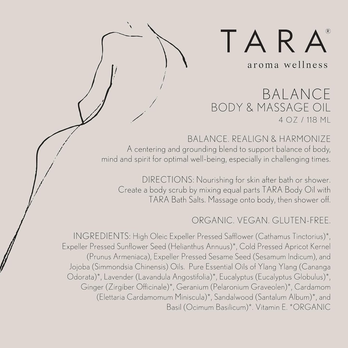 TARA Spa Therapy Balance Massage Oil – Premium Organic Oil for Relaxation & Stress Relief, 100% Pure Essential Oils, Ylang Ylang, Orange & Vetiver, 4 oz