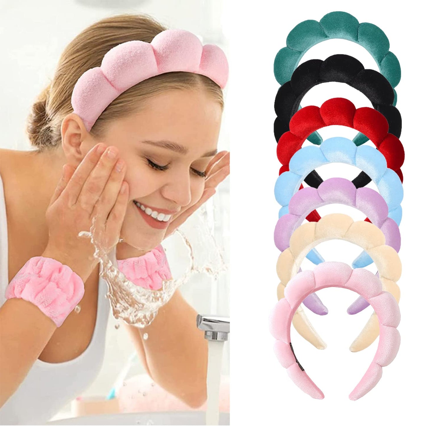 Luckybear Spa Headband for Washing Face, Velvet Makeup Headband, Bubble Skincare Head bands with Face Wash Wristbands Sponge Puff Head band for Women Skin Care - Green