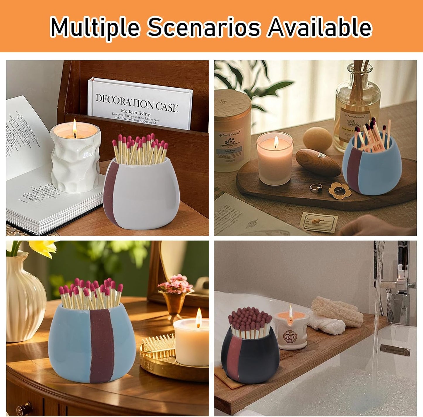 Ceramic Match Holder with Striker - Pack of 2 - Strike Anywhere Decorative Matches in a Jar Box with Striker Modern Home Decor Gifts (Match NOT Included)