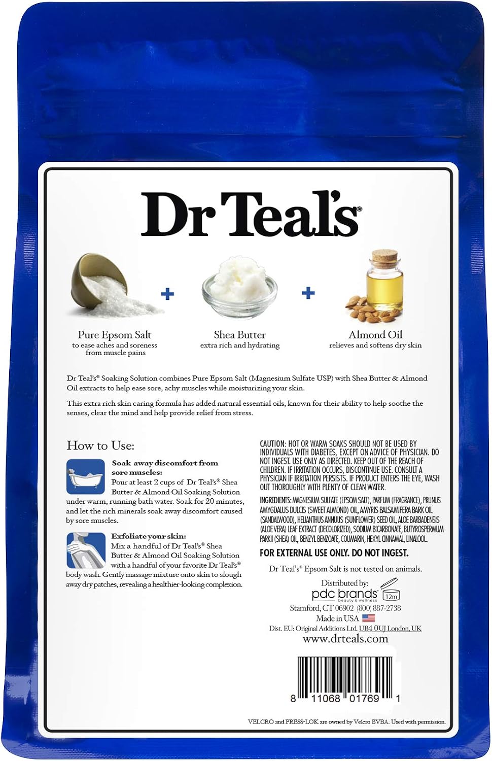 Dr. Teal's Epsom Salt Shea Butter Almond Oil Bath Soaking Solution with Essential Oils - Pack of 2, 3 lb Resealable Bags - Soften and Moisturize Your Skin, Relieve Stress and Sore Muscles