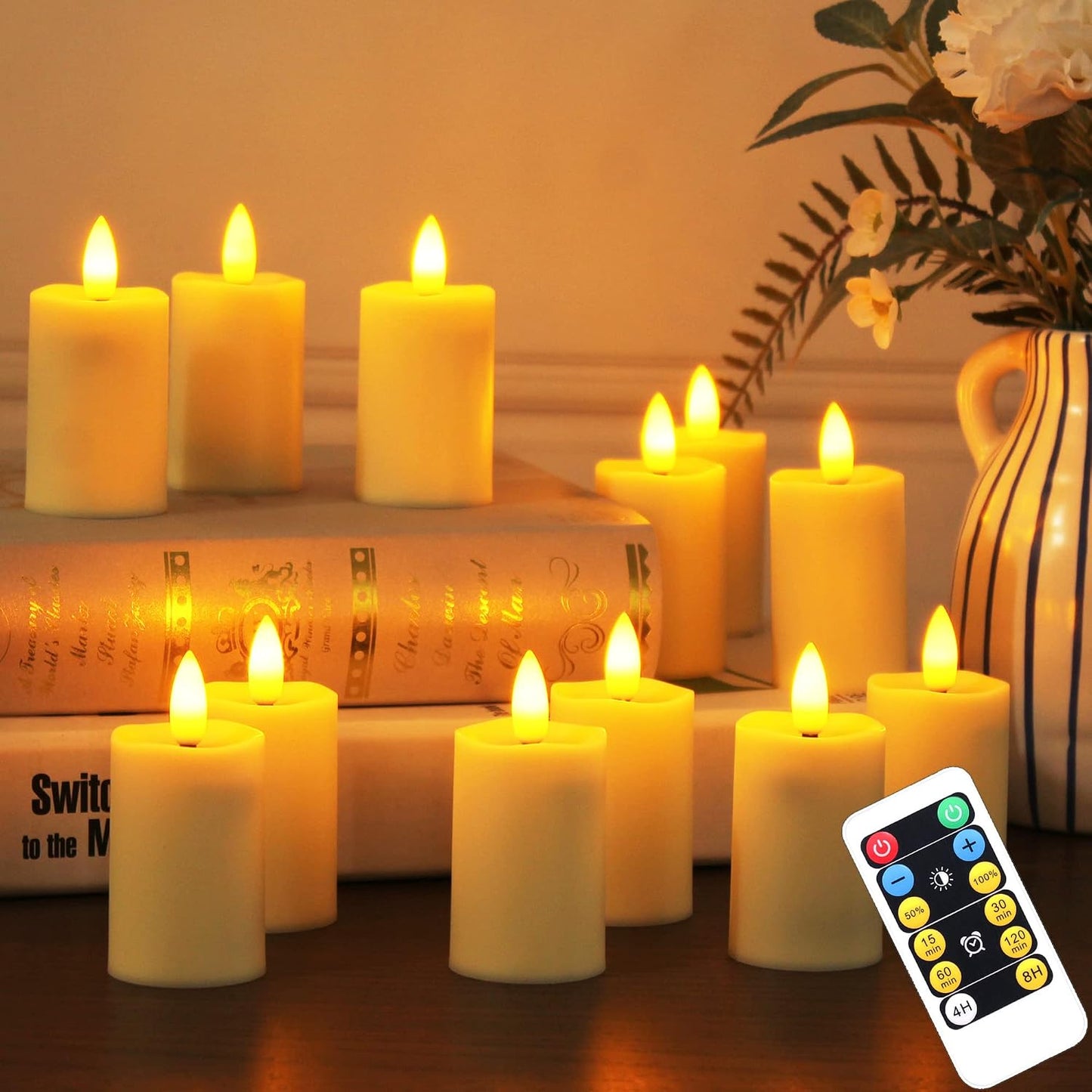 WRalwaysLX max 800hours Use 2AAA Battery (not inluded) 12 Pack Flameless Tea Light with Remote Control, LED Flickering Votive Candles, Indoor Home Decor, Dia3.8CM* H8CM,