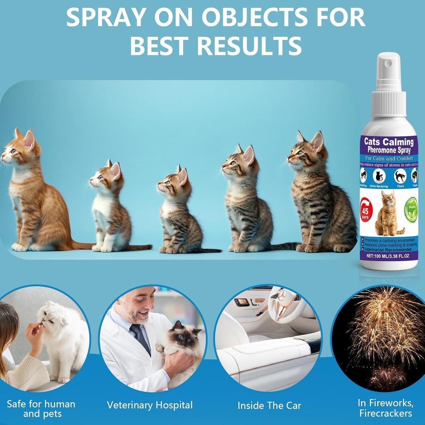 Cat Calming Pheromone Spray for Stress & Anxiety Relief – Reduces Scratching, Urine Spraying, Hiding – Drug-Free & Vet Recommended – Feline Calm Spray with F3 Facial Pheromone 2 * 100mL 8.9oz