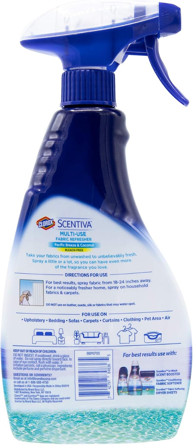 Clorox Scentiva Fabric Refresher Spray, Pacific Breeze and Coconut Scent for Household Fabrics, Odor Refresher for Upholstery, Curtains, Bedding, and Carpets, Non-Bleach, 16.9 Fl Oz