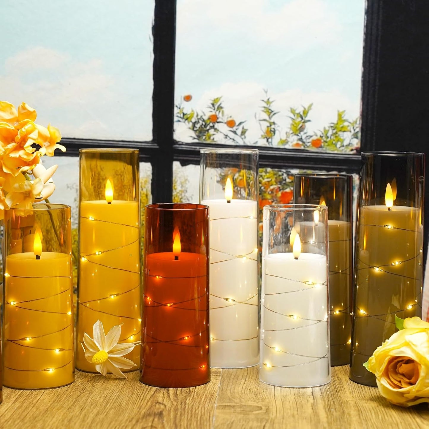 Nimiko Flickering Flameless LED Candles, 9 Pcs with Embedded Star String, Acrylic LED Pillar Candles with Remote, Suitable for Home Decoration (Grey)