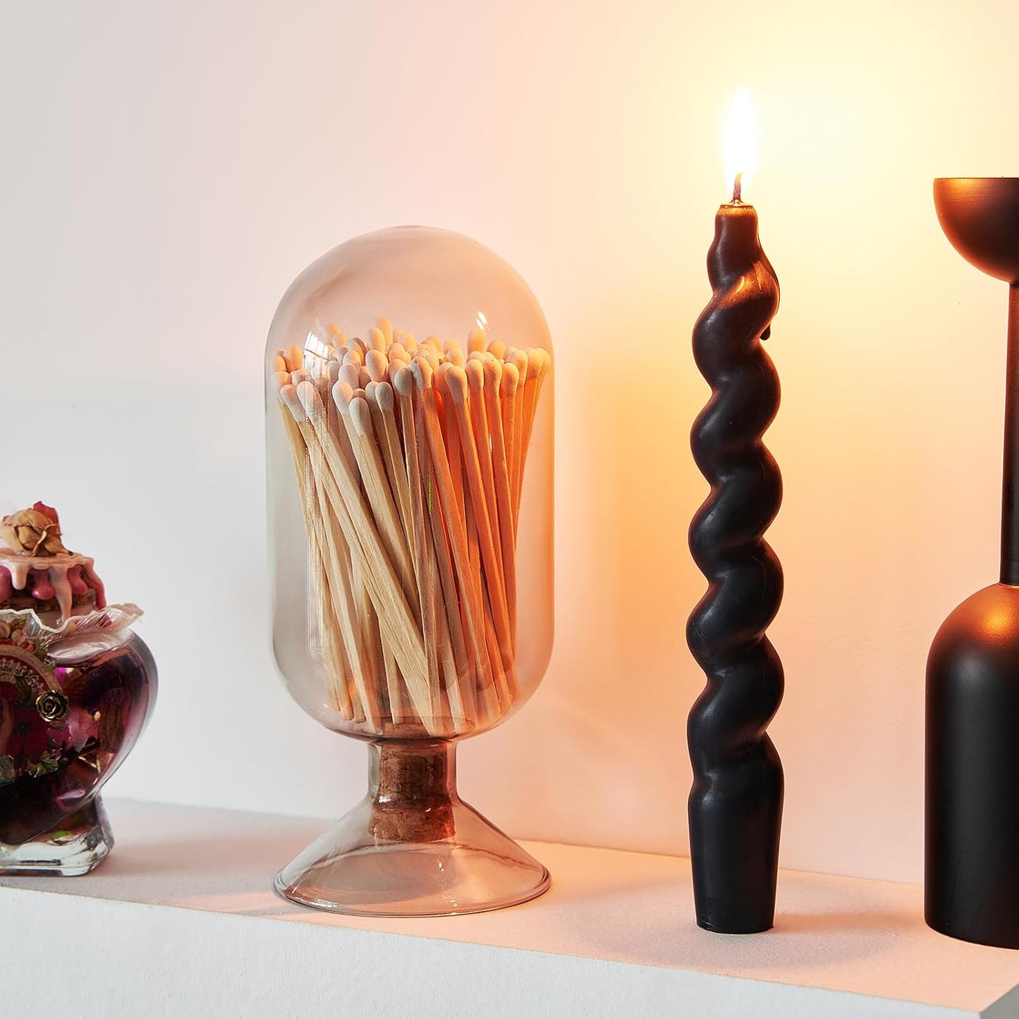 Glass Match Cloche with Striker - Smoke Grey with Cork Stopper - Includes 100 Match Sticks - Perfect for Fireplace, Home, Living Room, Office, Decor, Candle Matches, Gifts for Women Her - 6.7" H X 3"