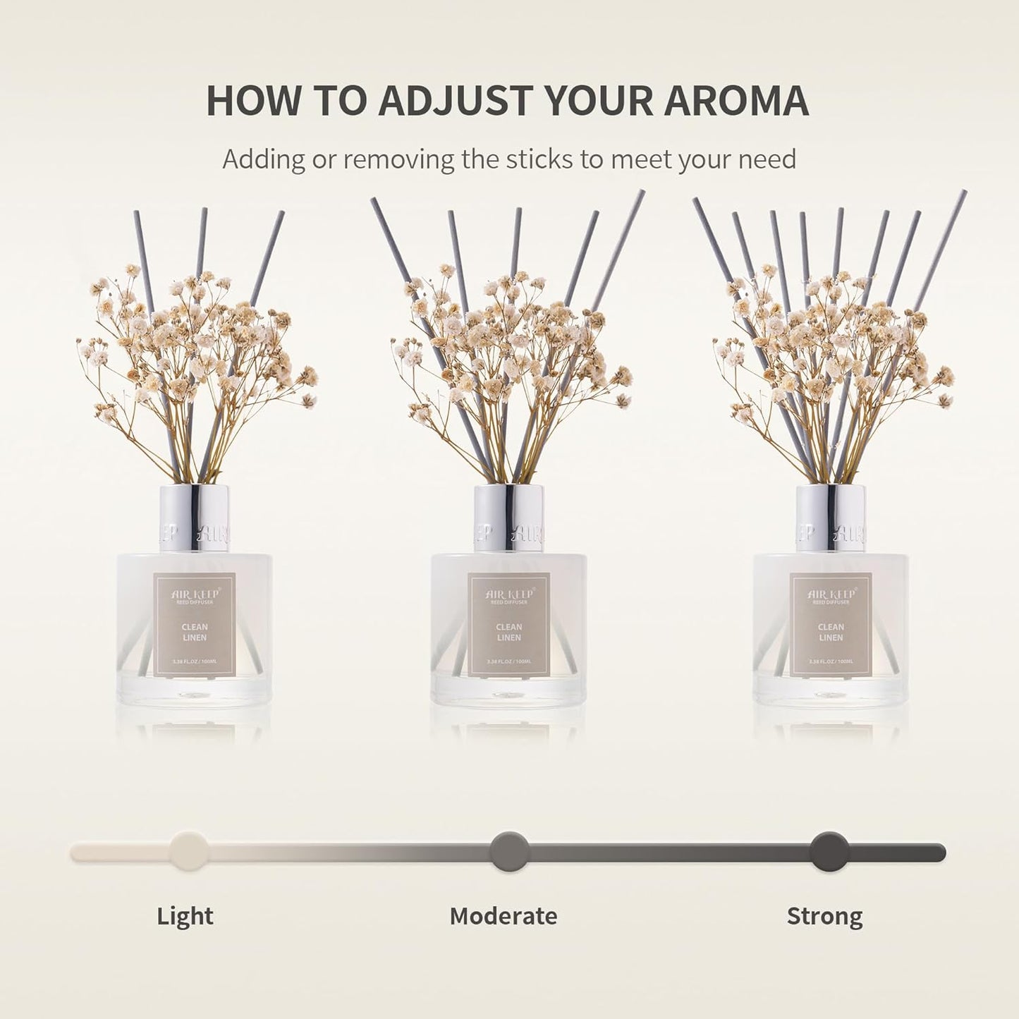 Airkeep Reed Diffuser Set,3.38 fl oz (100 ml) - Cashmere Vanilla Oil Diffusers with 8 Reed Sticks, Home Fragrance Reed Diffuser for Bathroom Shelf Decor