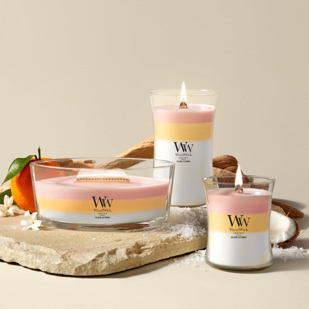 WoodWick Island Getaway Trilogy Tri-Scented Candle, Crackling Wick, 9.7oz