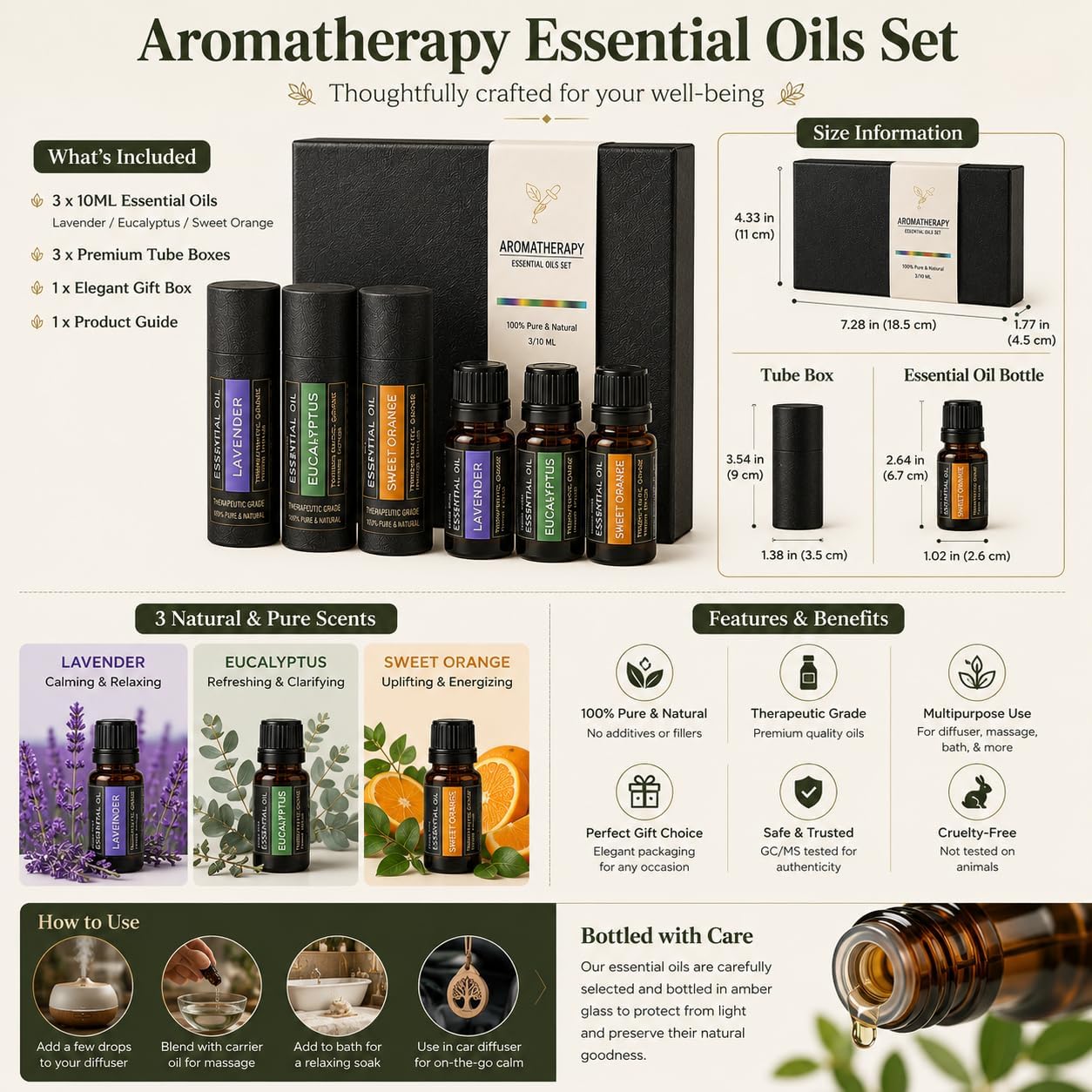 Essential Oils Gift Set - 3 x 10ml Lavender, Eucalyptus & Sweet Orange, 100% Pure Plant-Based Therapy for Car Aromatherapy,Diffusers, Humidifiers, Relaxation & Home Spa - The Serenity Trio