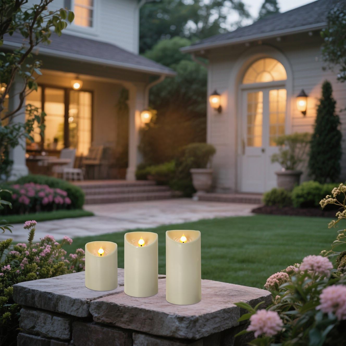 Battery Operated Pillar Candles, 3 Pack Ivory Flickering LED Candles with Remote and Timer, Indoor & Outdoor Flameless Candles, 15-Day Runtime