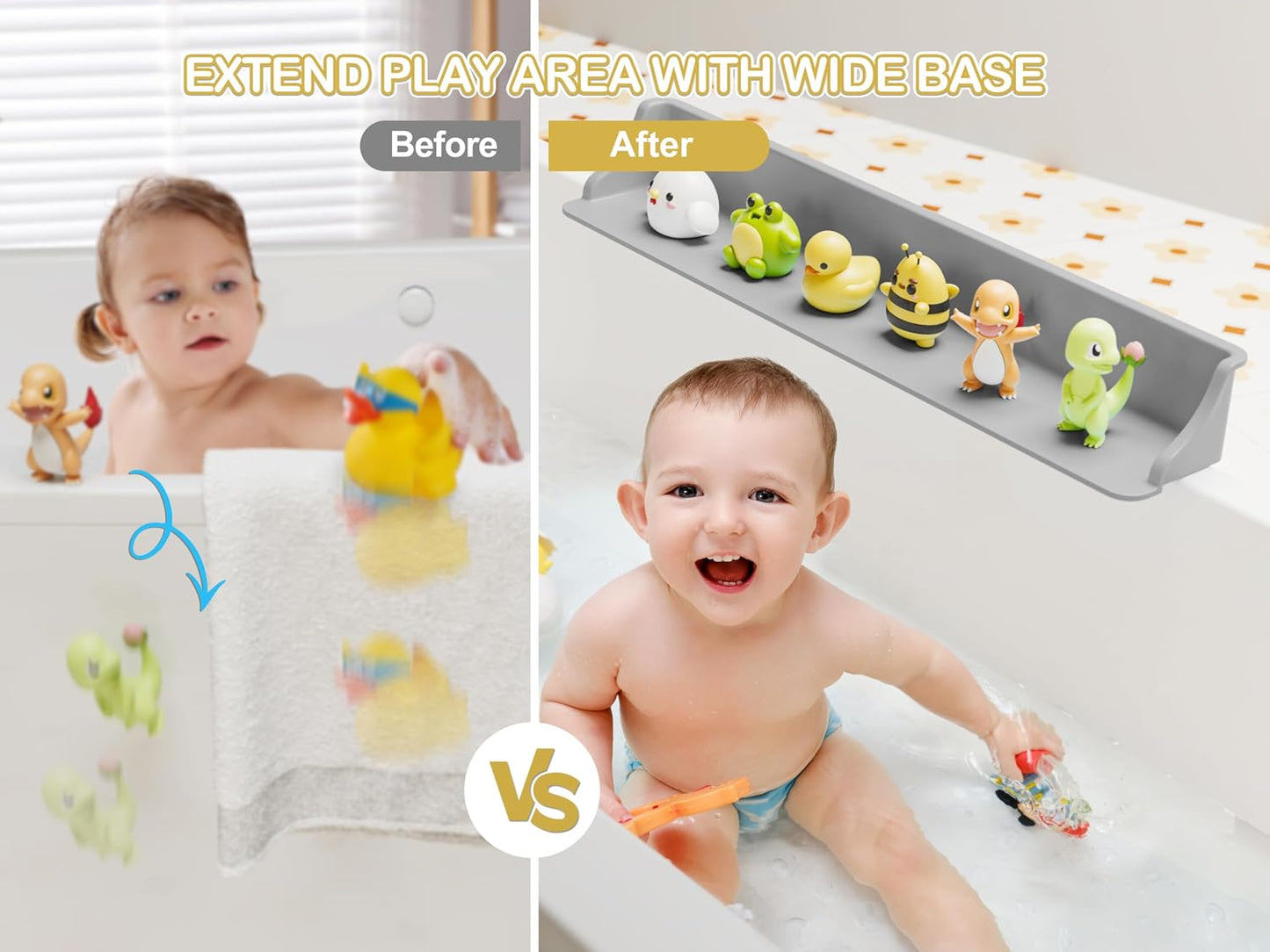 Cushore 3-Ft Bathtub Splash Guard PlayPad with Strong Suction Cups, Toy Tray Caddy Holder Storage, No-Leak, Mess-Free Bath Time for Kids, Grey