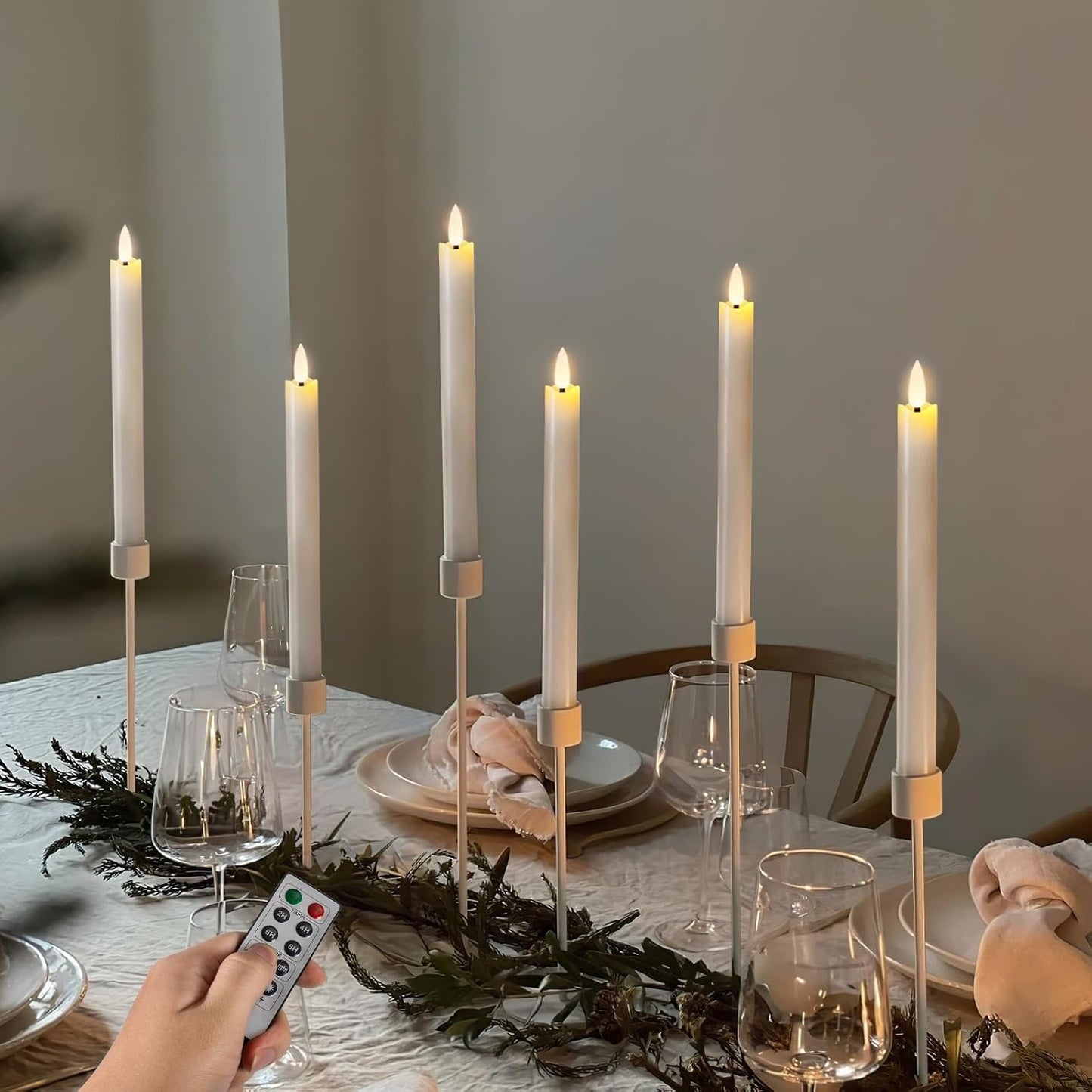 Homemory Waxy Flameless Taper Candles with Remote Timer Dimmer, Battery Operated Candlesticks Flickering, LED Window Candles Realistic, 9.6 Inches for Christmas Wedding Indoor Decor, White, 6 Pcs