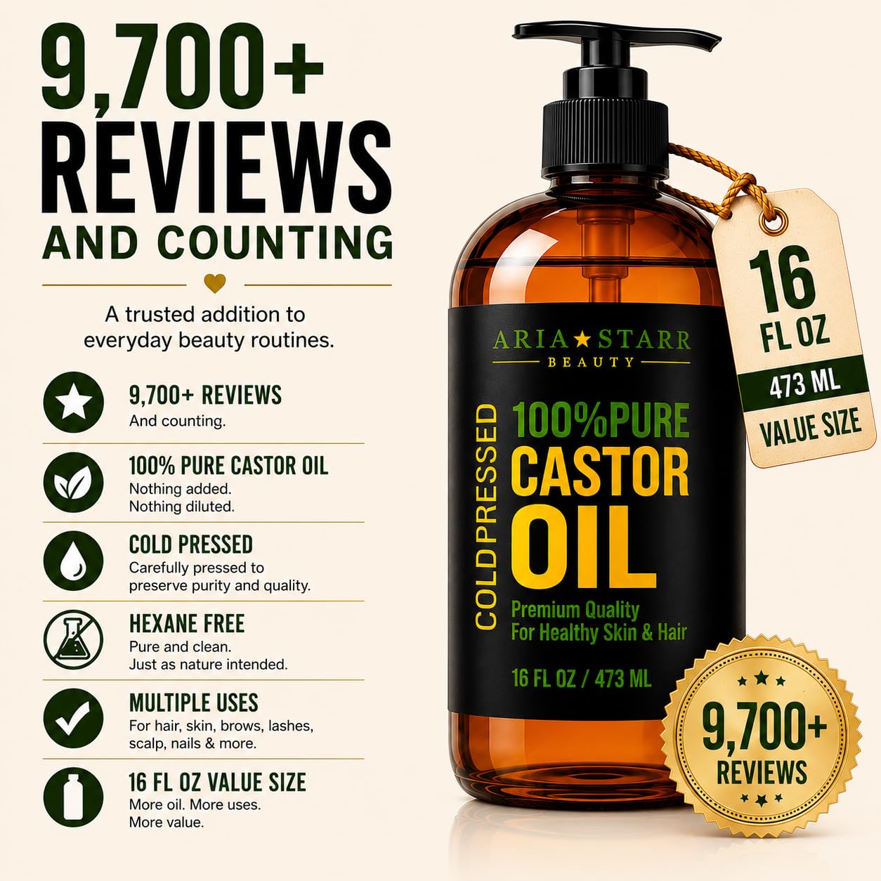 Aria Starr Castor Oil Cold Pressed - 16 FL OZ - 100% Pure Hair Oil For Hair Growth, Face, Skin Moisturizer, Scalp, Thicker Eyebrows And Eyelashes