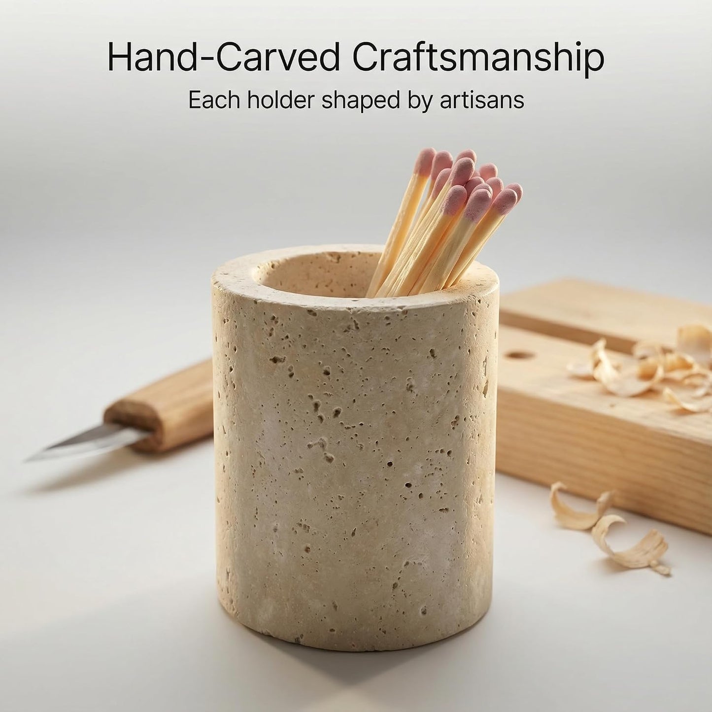 Match Holder with Striker Travertine Match Jar Decorative 2.5” x 3” Matchstick Organizer for Fireplace, Candles, Parlor Cute Match Jar for Home Decor Gift, Matches Not Included