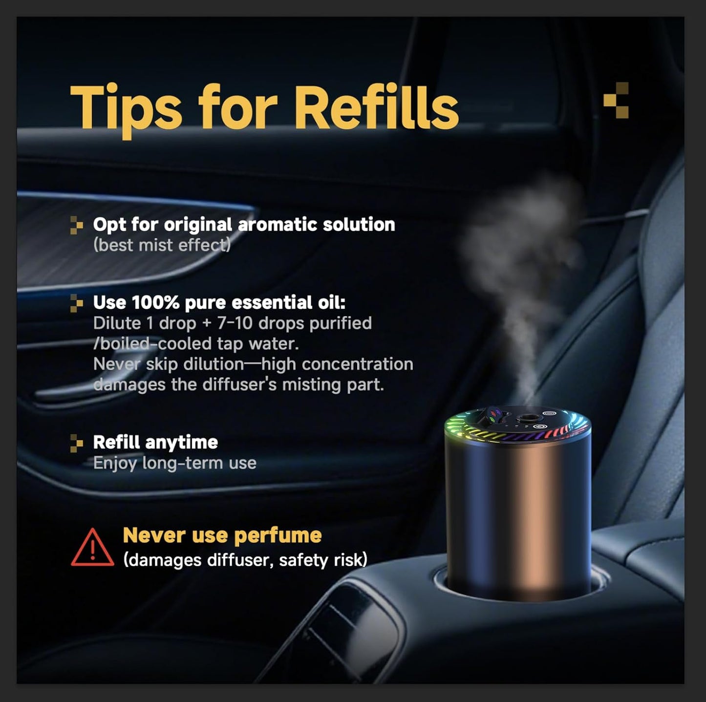 Smart Car Air Freshener with Star Light & 100ml Diffusers Oil Refills, Auto On/Off Aroma Diffuser, 3 Adjustable Mist Modes Rechargeable Aromatizante para Carro - Car Diffuser(Cologne+Ocean)