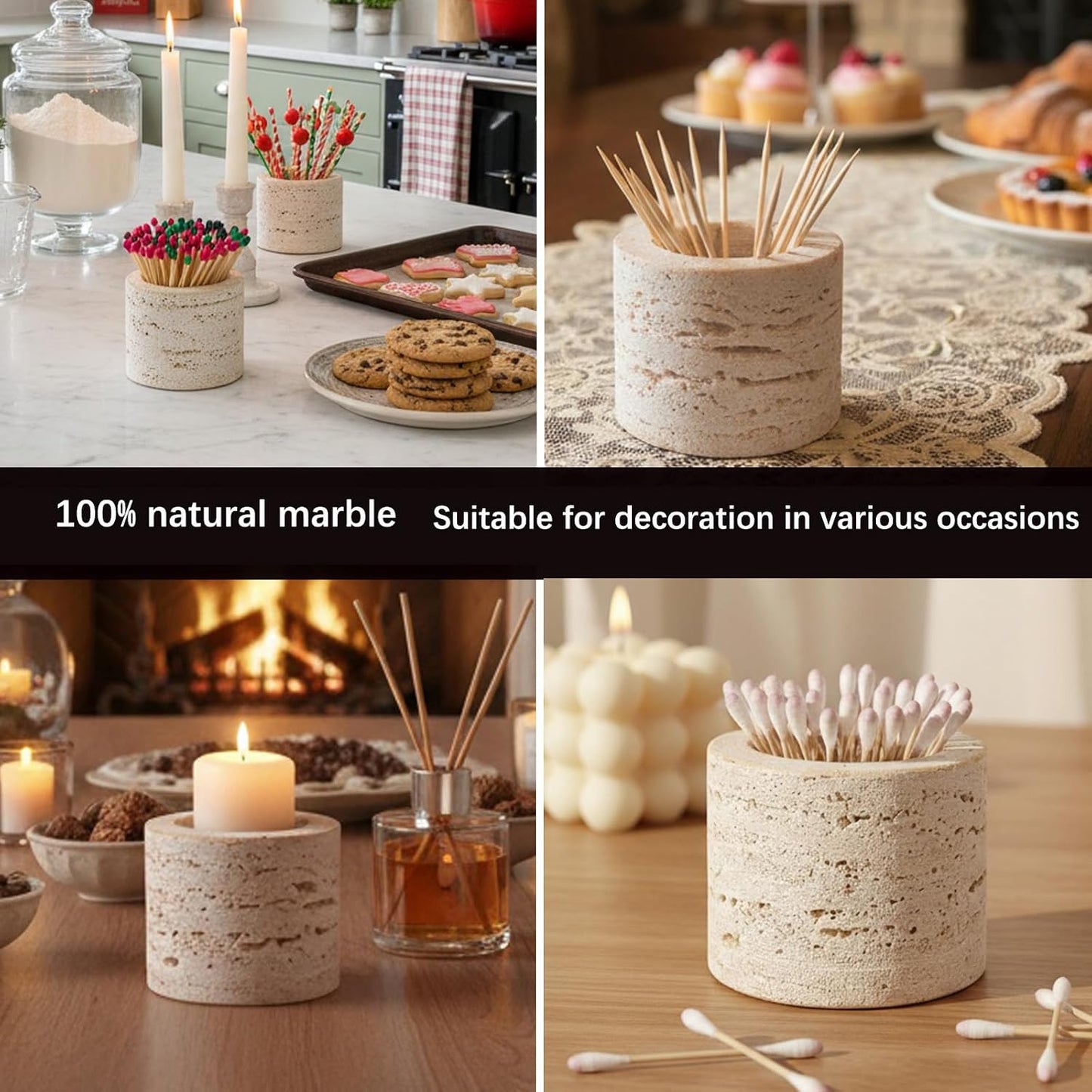 Matches in a Jar with Striker - Natural Travertine Match Holder with 2 Replacement Pads, Decorative Jar for Bathroom Candle Fireplace Parlor, Unique Organic Modern Home DecorGift(Matches Not Included)