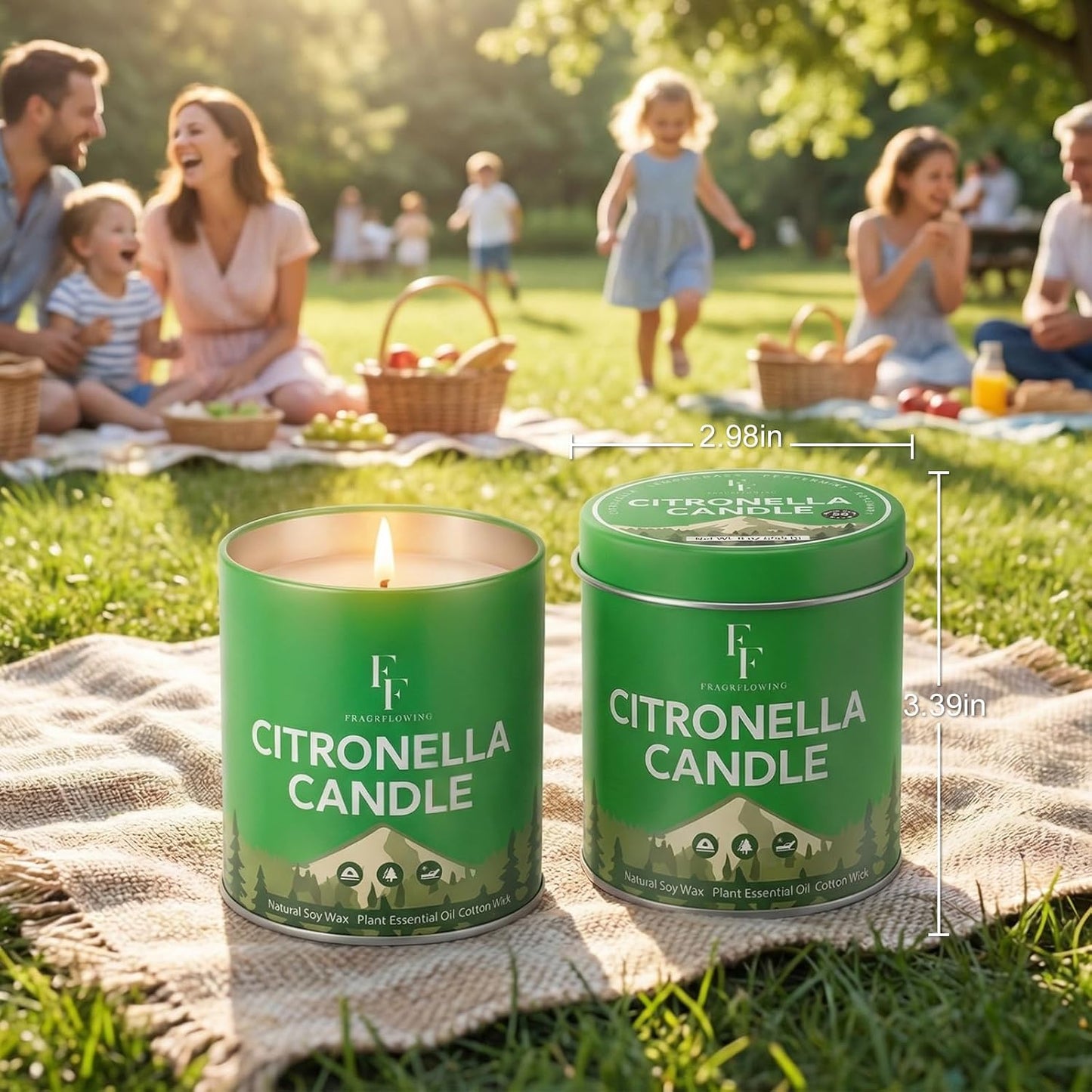 Citronella Candles Outdoor, Indoor Lemongrass Scented Candles with Citronella Essential Oil Roll On, Natural Soy Wax Jar Candle for Outside Camping Patio, 200-Hour Burn Time, 9 oz (4 Pack)