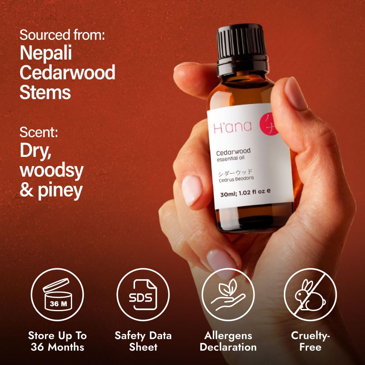 H'ana Cedarwood Oil - 1.02 Fl Oz Cedarwood Essential Oil for Hair, Skin, Diffuser, Aromatherapy & DIY