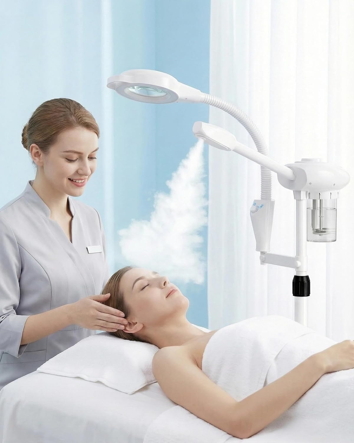 Professional Facial Steamer with Magnifying Lamp, Nano Ionic Face Steamer for Esthetician & Home Spa, Portable Facial Steamer for Deep Cleansing, Home Facial Skin Care Equipment, White