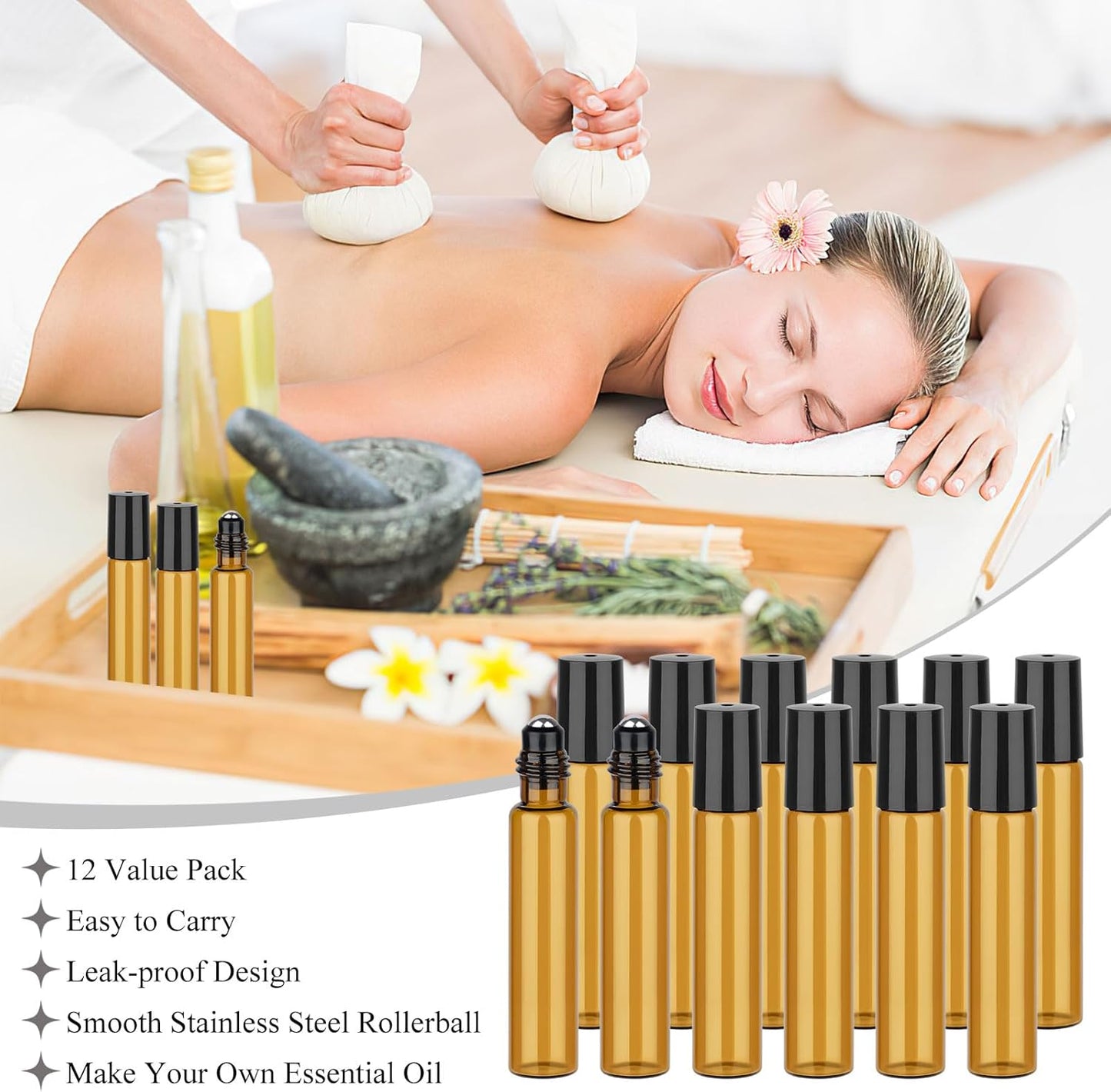 12 Pack Amber Roller Bottles for Essential Oils, 10ml Glass Roll On Bottles for Travel and Lip Gloss, Empty Perfume Roller Ball Applicator Bottle With Lid, Dropper, Funnel, Opener, Labels