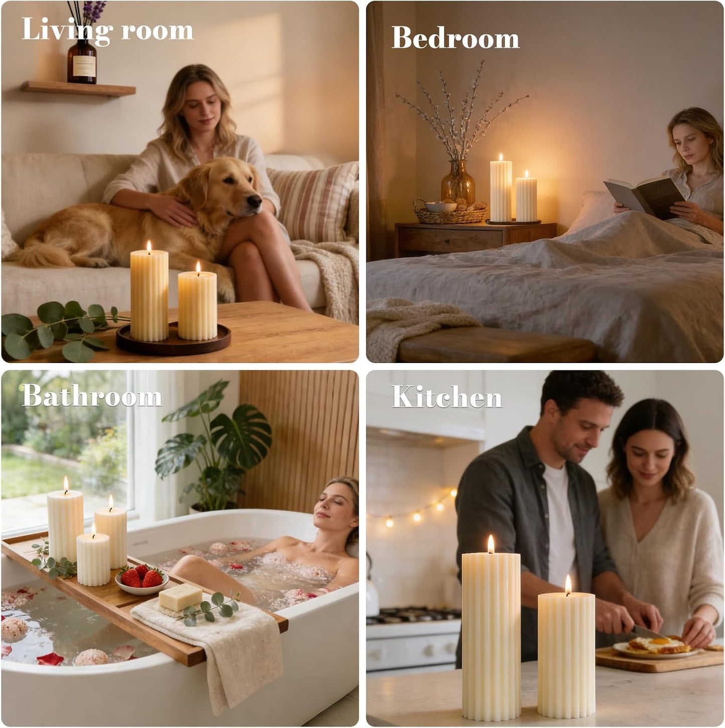 Ribbed Soy Pillar Candles Set of 3, Cashmere Amber Scented, Natural Soy Wax, 266 Hour Long Burning, 2.8x4/6/8 inch Large Pillar Candles for Home Decor, Relaxation, Bathroom, Living Room