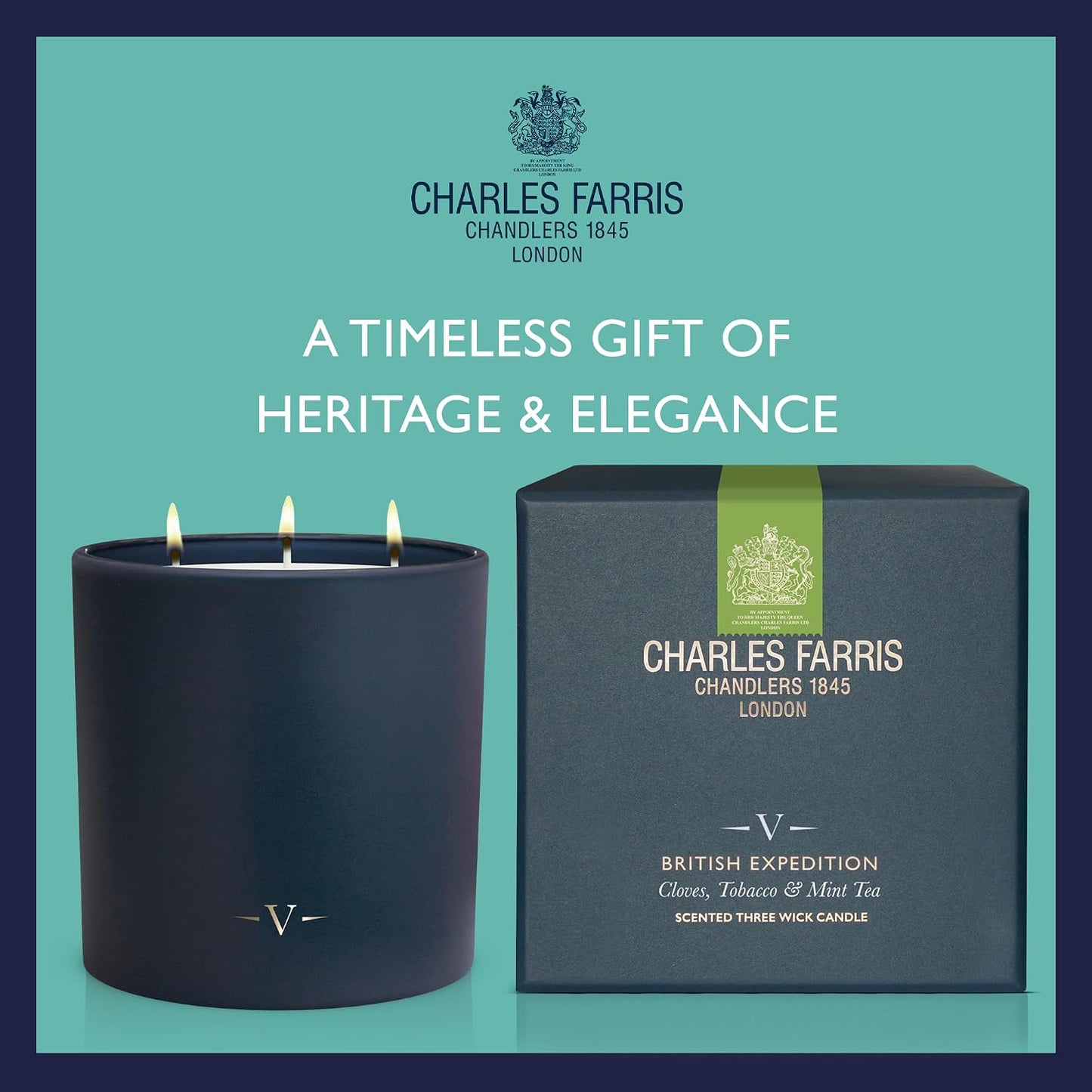 Charles Farris Luxury Scented Candle – 3 Wick, Hand-Poured, Long Lasting, Clean Burning, 640g / 22.5oz, Up to 80 Hours of Burn Time, Made in England – Cloves, Tobacco & Mint Tea – British Expedition