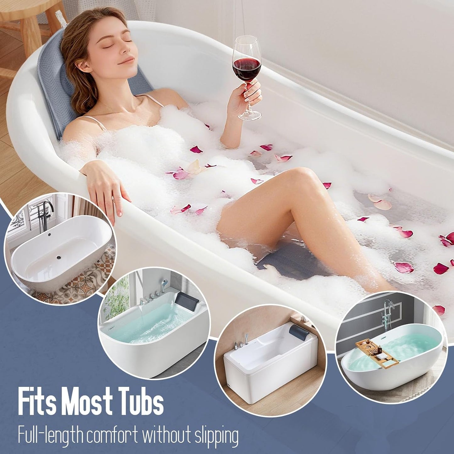 Luxury Full Body Bathtub Pillow 6D Air Mesh,Extra Long Bath Pillow for Tub Non Slip,Soft Relax Tub Pillow for Bath Head Neck Back Waist Support,Large Thick Spa Bathtub Cushion (Gray)