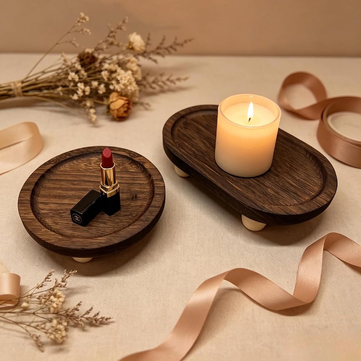 Round Wooden Jewelry Tray with Elevated Ball Feet, Rustic Trinket Ring Dish for Vanity, Keys Candles Small Decor Storage Organizer (Brown-Round)