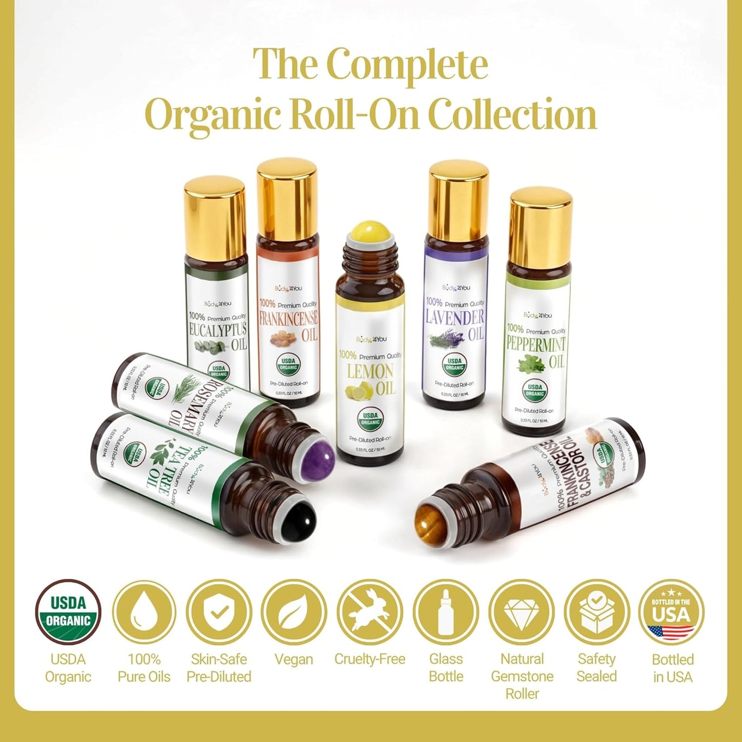 Lemon Essential Oil Roll On for Energy Mood Uplift Anxiety Relief - 100% Pure USDA Organic MCT Coconut Oil - Mental Clarity Focus Positivity Citrus Scent Perfume - Gemstone Roller 10ml Travel Size