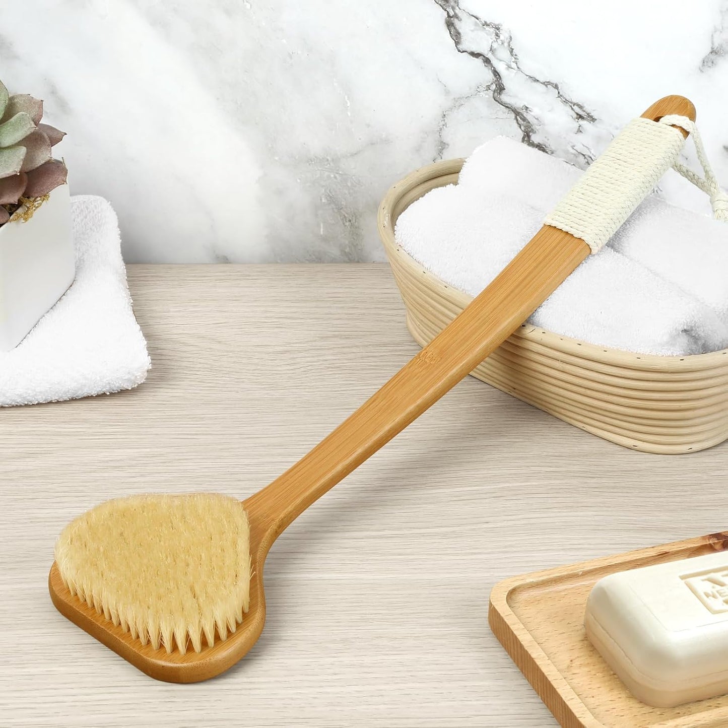 eaxun Bamboo Back Scrubber with Curved Long Handle, 17.3 Inches Exfoliating Shower Brush with Stiff Bristles for Men and Women, Back Washer Body Exfoliator for Bath or Dry Brushing