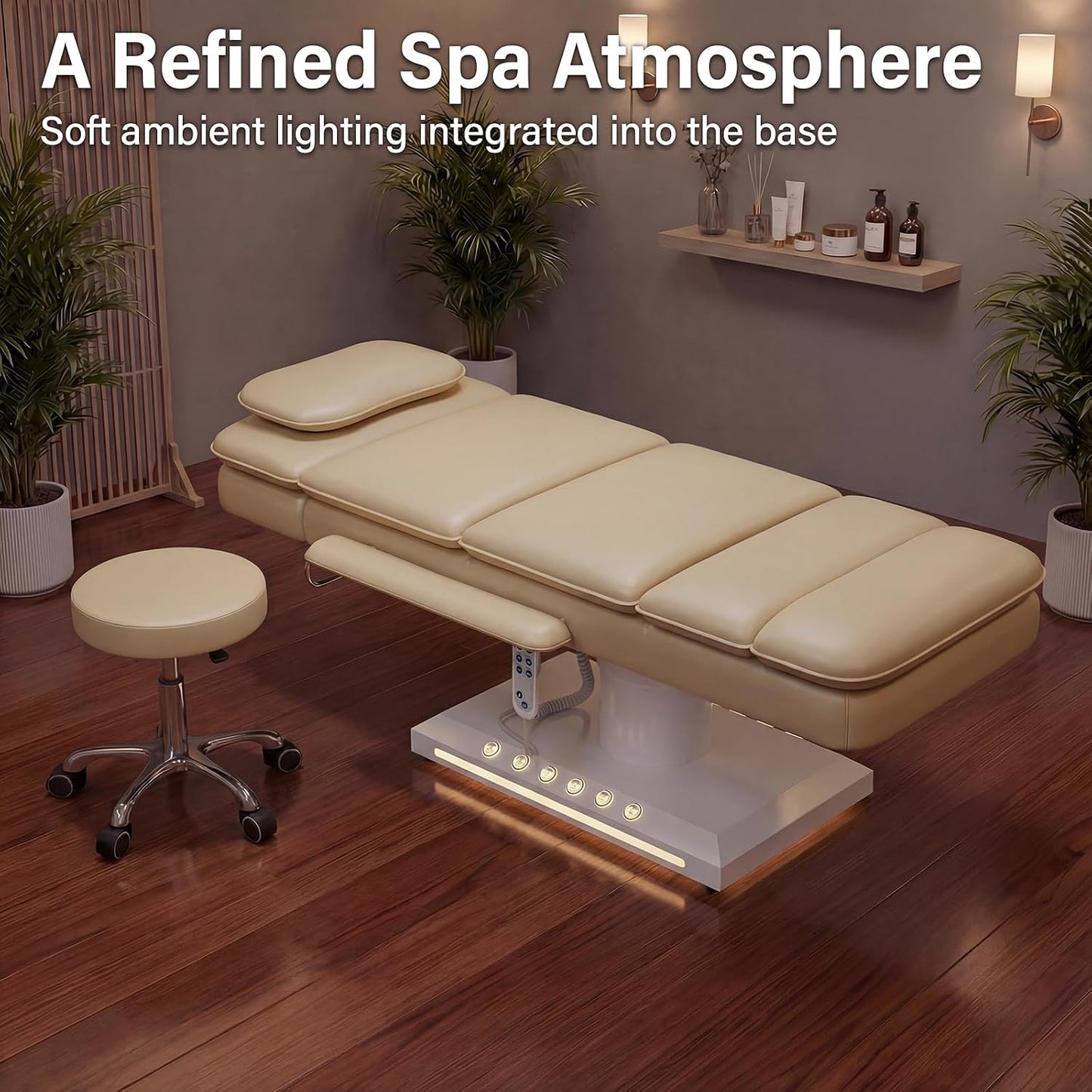 Electric Massage Table w/Stool, 3 Motor Professional Spa Bed, Foot Pedal & Remote Control, Height Adjustable Wide Facial Table for Salon & Spa (Champagne | with Rolling Stool)