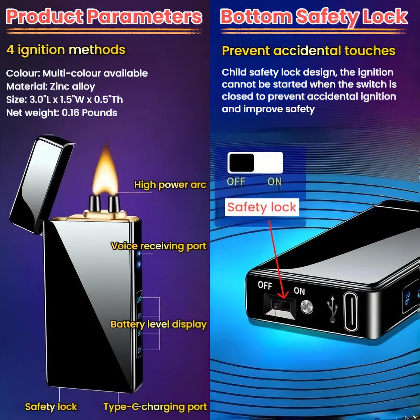 Smart Electric Lighter with 4 Ignition Modes, High Power Pulse Plasma Arc Lighter, Windproof Electronic Lighters, Rechargeable USB Lighters with Safety Lock (Silver Ice)