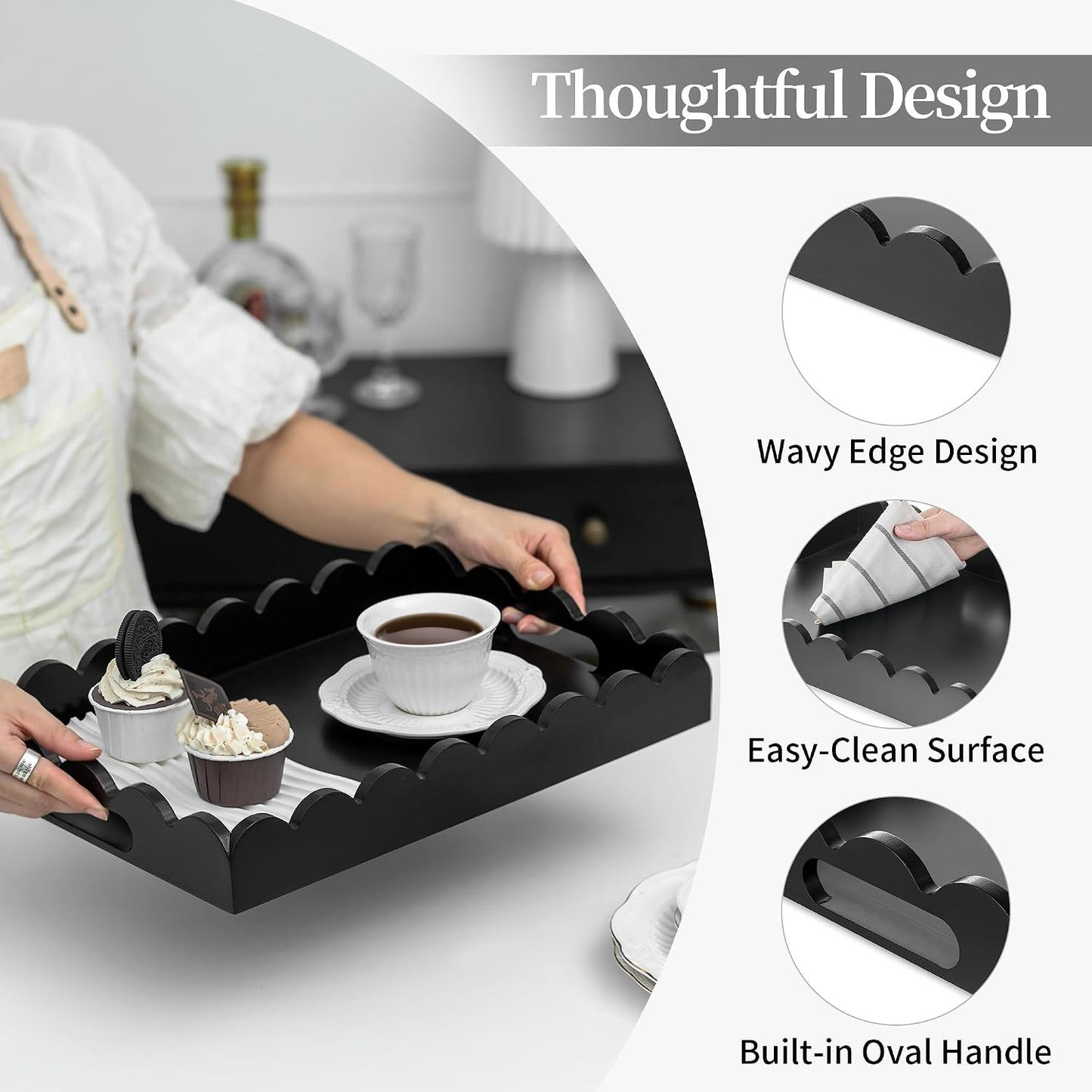 Hanobe Decorative Tray for Coffee Table: Serving Tray Decor with Scalloped Edge - Black Entryway Decor for Living Room Kitchen Counter