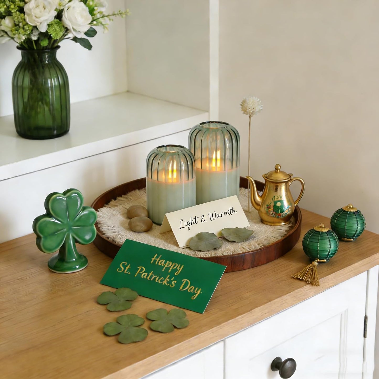 MUMCHASI Green Flameless Battery Operated Candles with Remote, Set of 5 Glass Jar LED Candles with Dancing Flame, Flickering Electric Candlelight for Home Wedding Party Decor H4”5”5”6" 6”