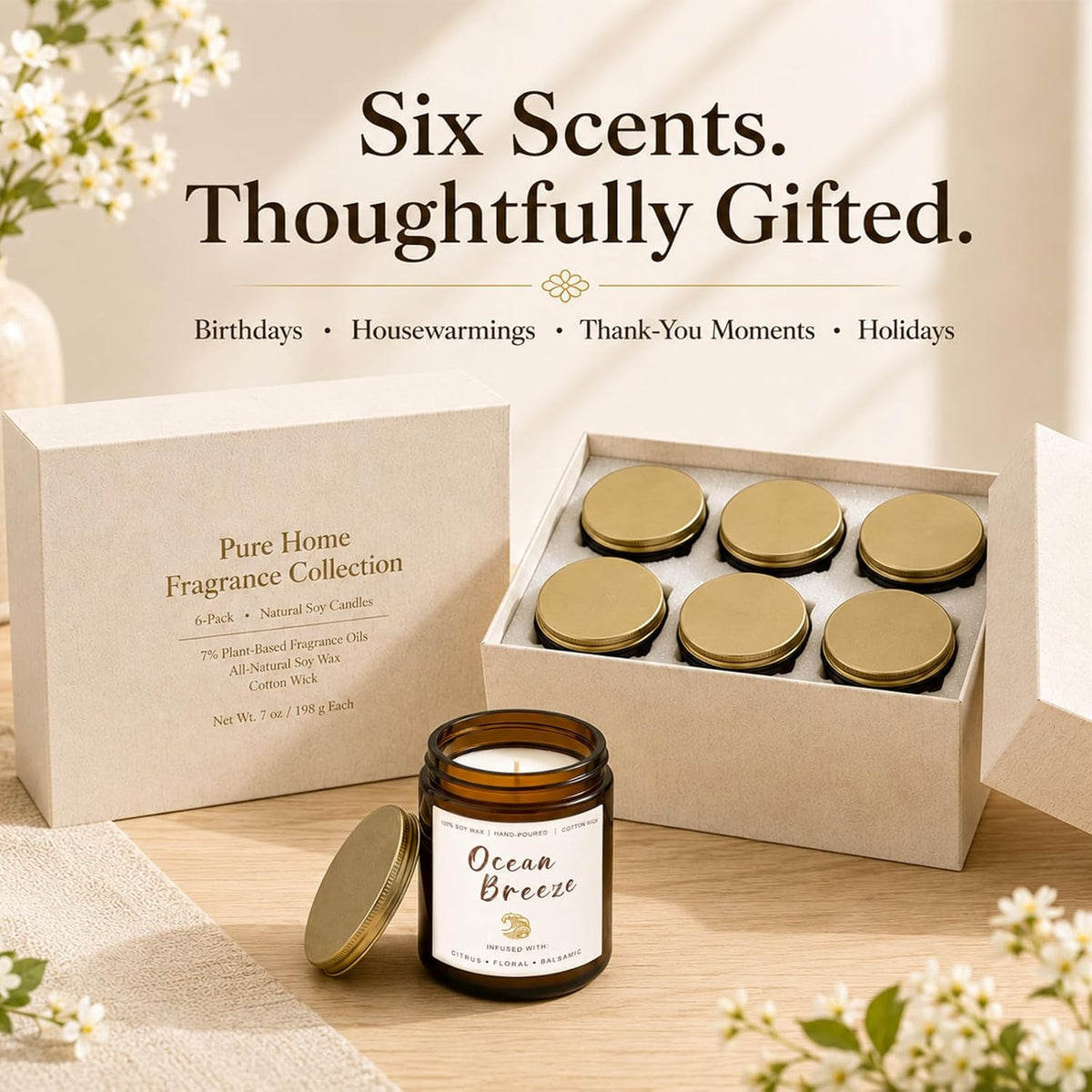 Soy Scented Candles Gift Set - 6 Pack Natural Soy Wax Long Lasting Candles