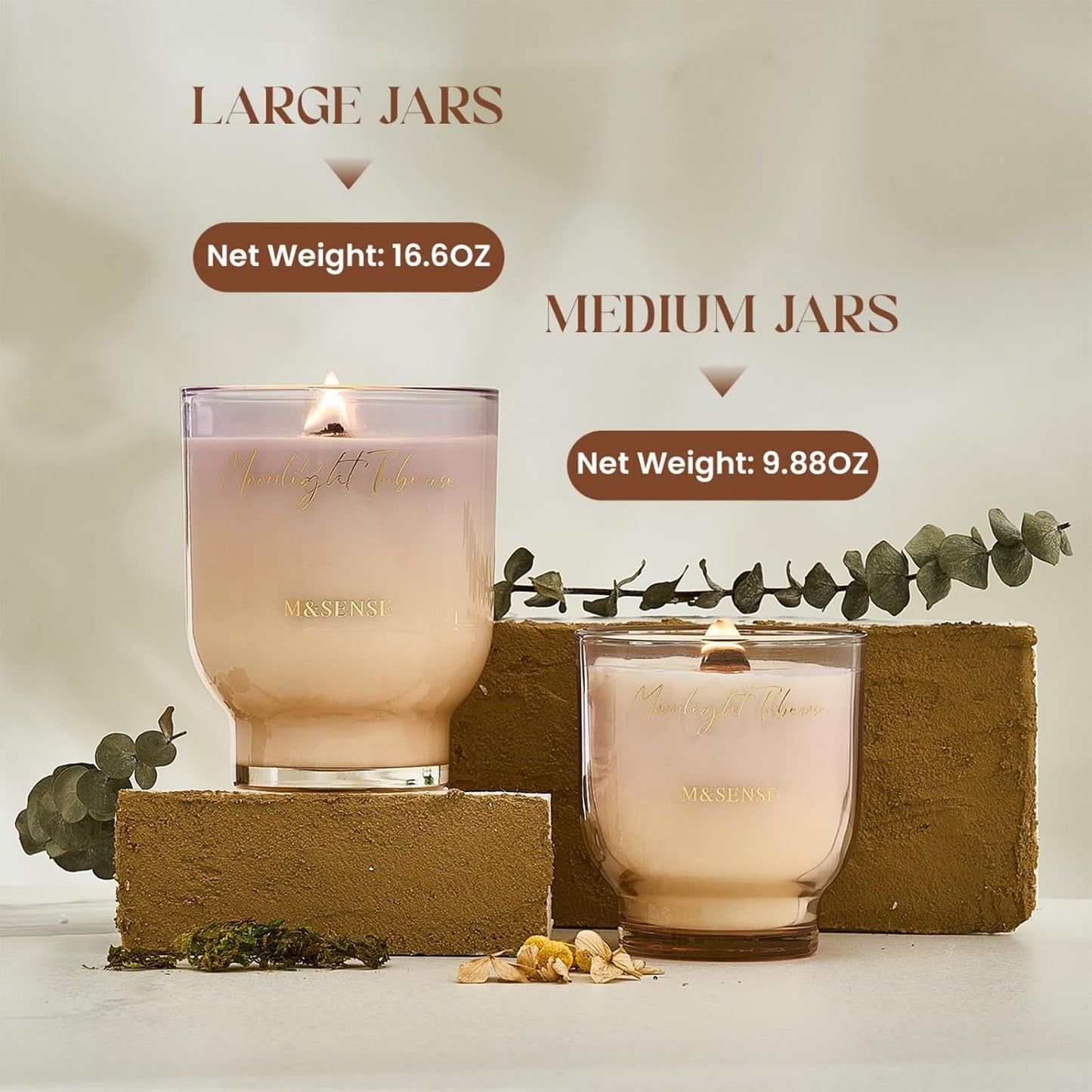 M&SENSE 9.9oz Natural Soy Wax Jar Candle with Wooden Wick | Moonlight Tuberose Scent | 55-Hour Burn & Long-Lasting Burn | Housewarming Gift for Men and Women