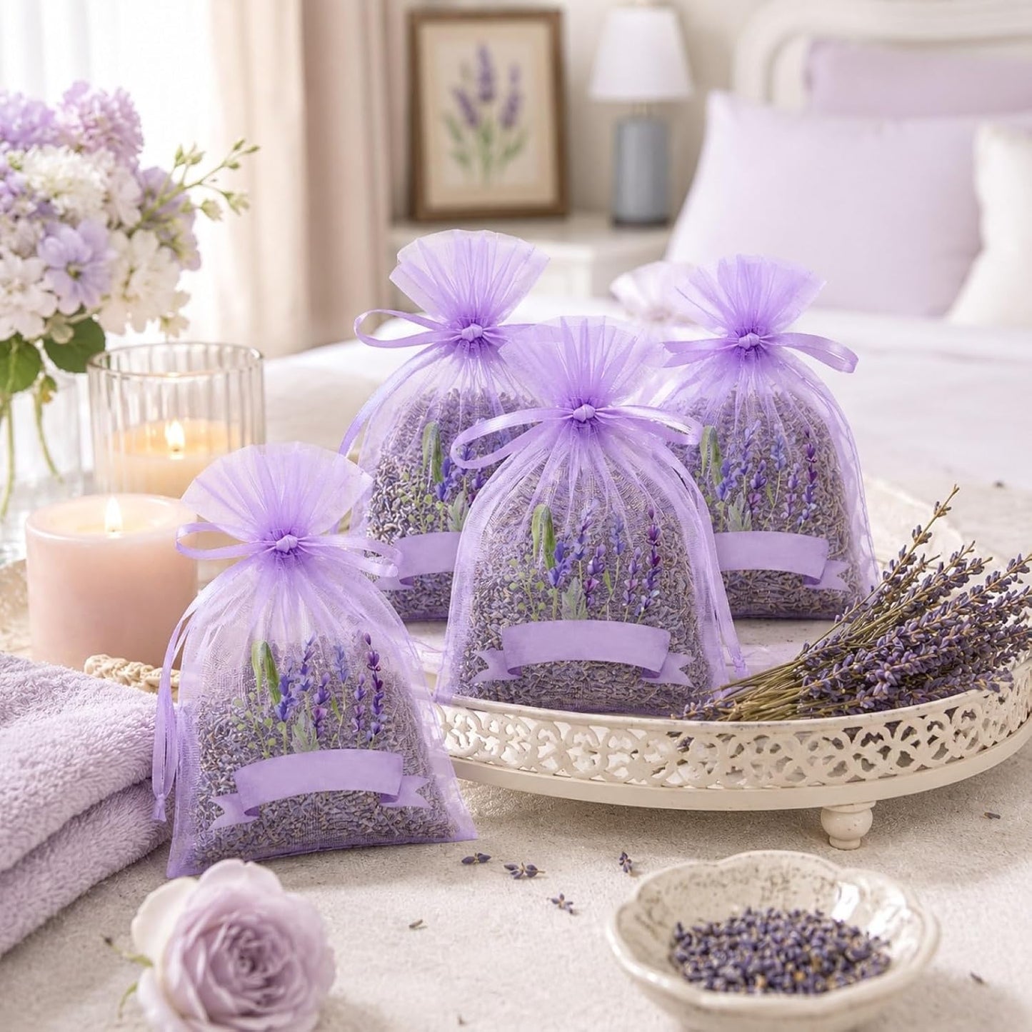 LUOZZY 50 Pcs Drawstring Organza Sachet Bags Small Mesh Lavender Sachets Bags Dried Flower Bags Christmas Wedding Party Favors Pouches (Light Purple)