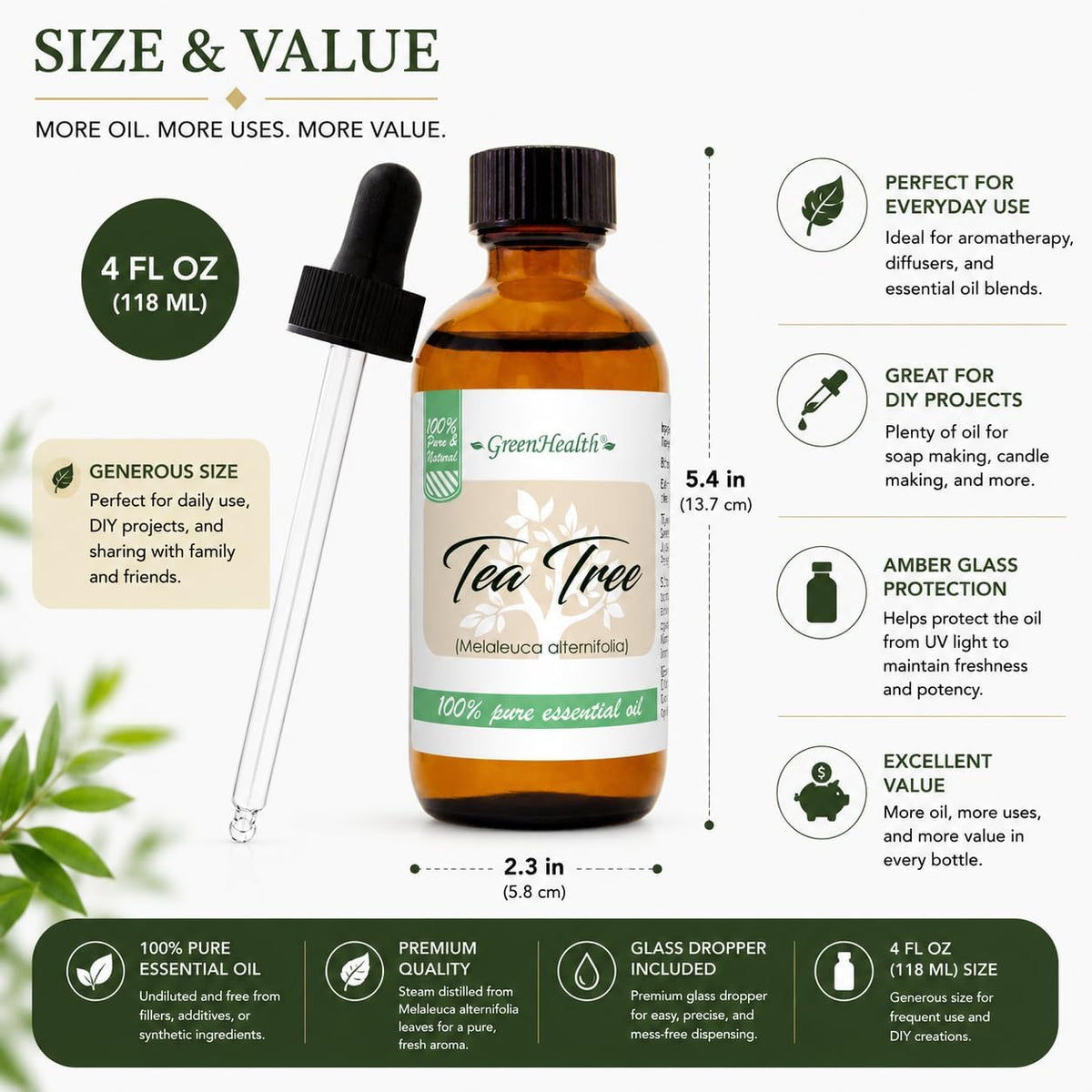 GreenHealth Tea Tree Essential Oil 2 fl oz (59 mL) – 100% Pure & Undiluted Melaleuca Alternifolia Oil – Amber Glass Bottle with Premium Glass Dropper – Aromatherapy, Diffuser, Soap & Candle Making