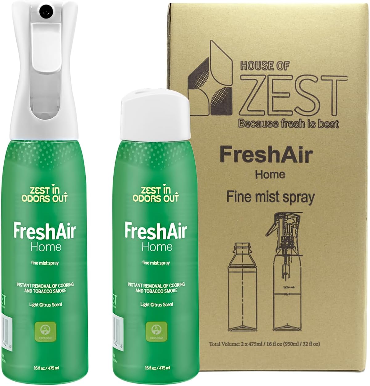 House of Zest FreshAir Home Odor Eliminator Spray for Home, Air Freshener Spray for Trash, Bathroom, Laundry, Kitchen & Diaper Odors, Plant-Based, Light Citrus Scent, 16 Fl Oz (Pack of 2)