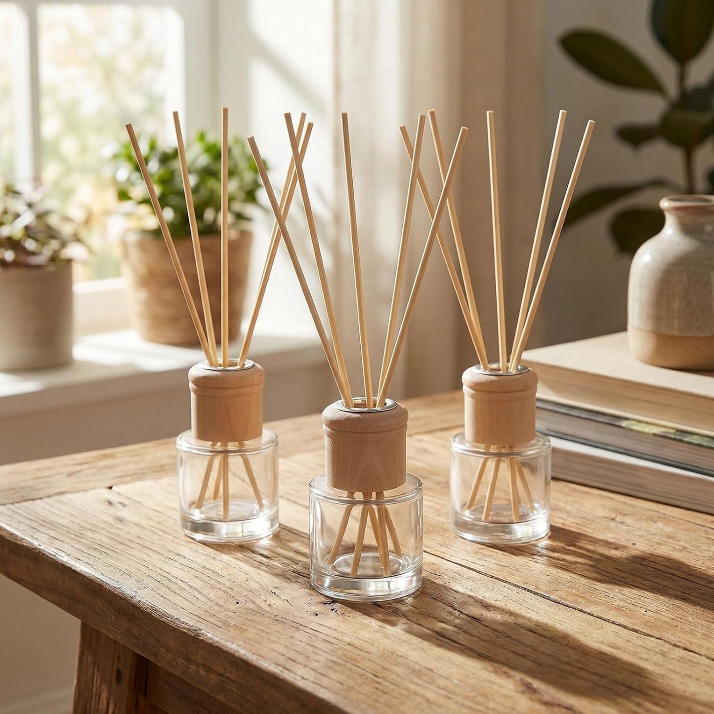 20 Set Reed Diffuser Bottle Refillable Empty Glass Jars with Wooden Caps & Sticks, 50ml (1.7 oz) Round Wide Mouth Bottles for DIY Fragrance, Home Decor, Gifts