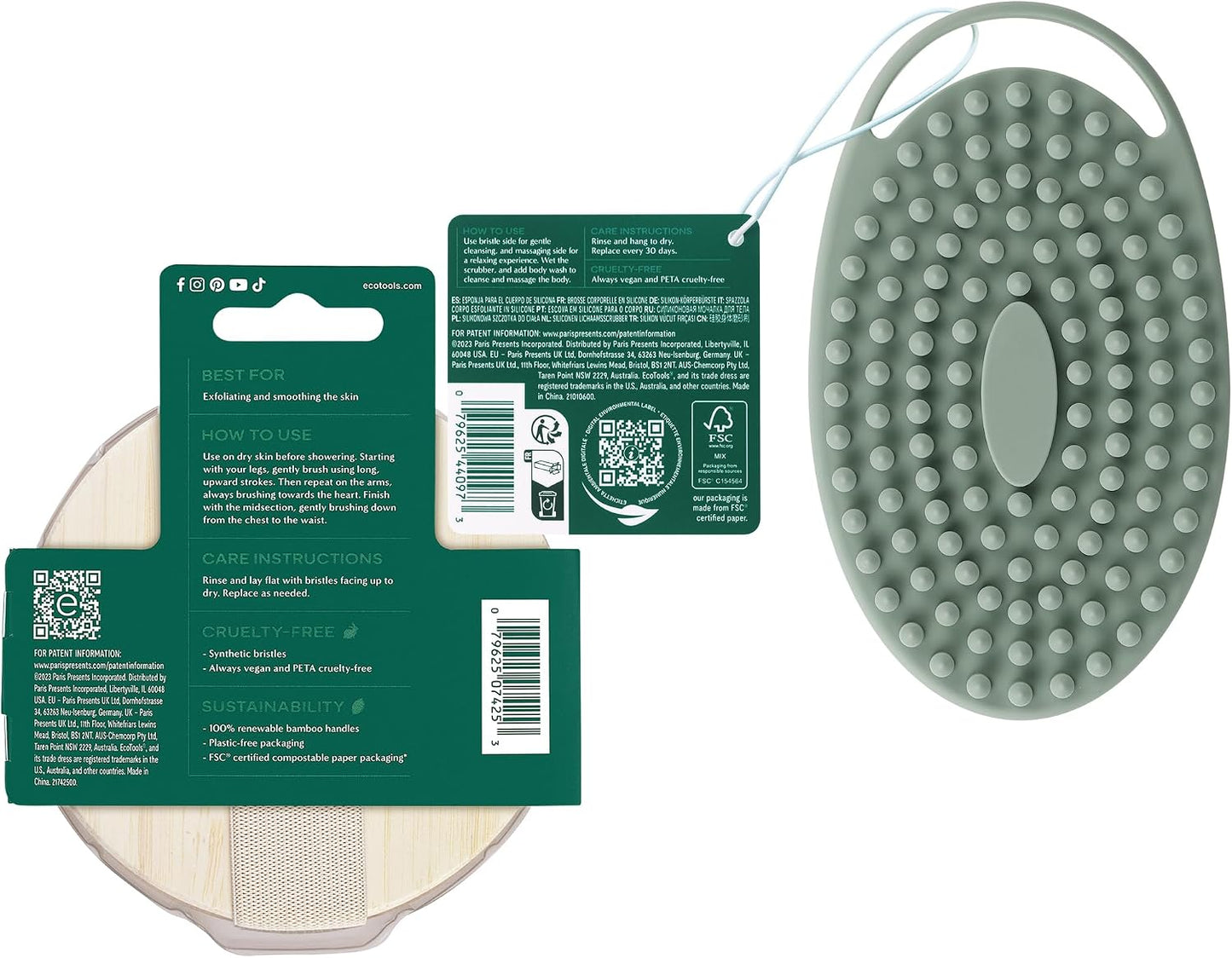 EcoTools Dry Body Brush for Circulation, Dead Skin Removal + Sage Green Silicone Body Scrubber & Massager for Exfoliating, Cleansing & Self-Care Gifts