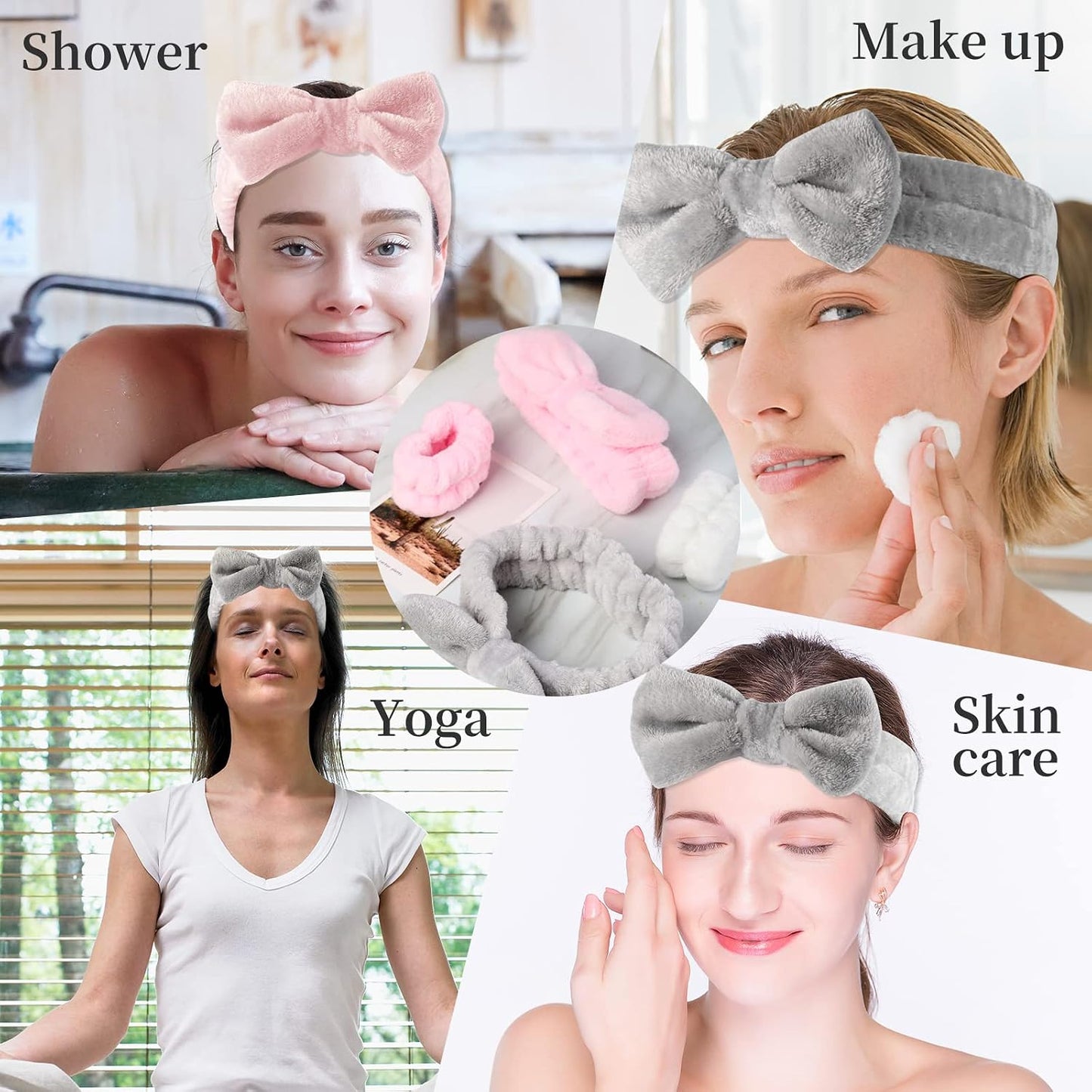 SLNZAPTY 12 PCS Face Wash Headband Wristband Sets for Women and Girls | Soft Microfiber Spa Hair Wraps, Makeup Skincare Bath Headbands, Wrist Bands for Washing Face, White, Pink, Gray, Black