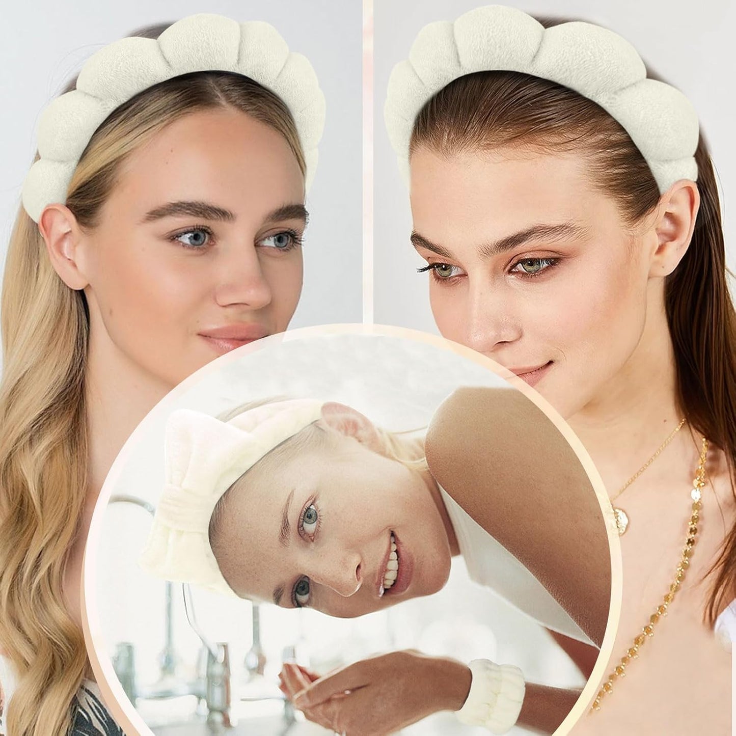 6 Pcs Puffy Spa Headband and Wristbands, Beige, Hairband for Washing Face Skincare, Absorbent Headband for Shower, Yoga, Makeup, Unisex-Adults